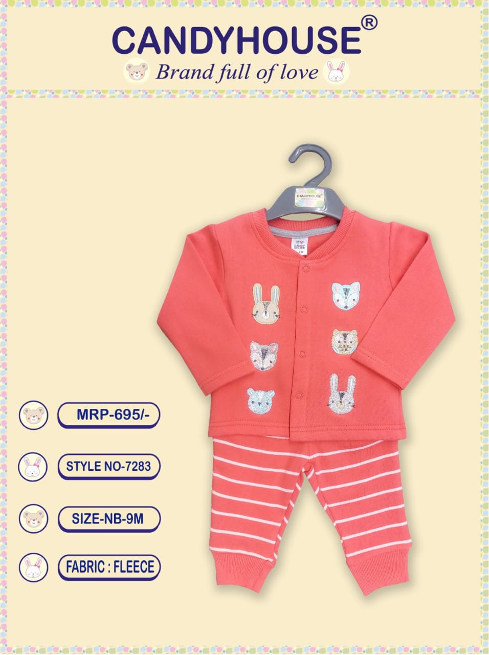 CandyHouse Woven Fleece Full Sleeves Winter Wear Front Open Top & Lounge Pant Set with Animal Appliques - Carrot