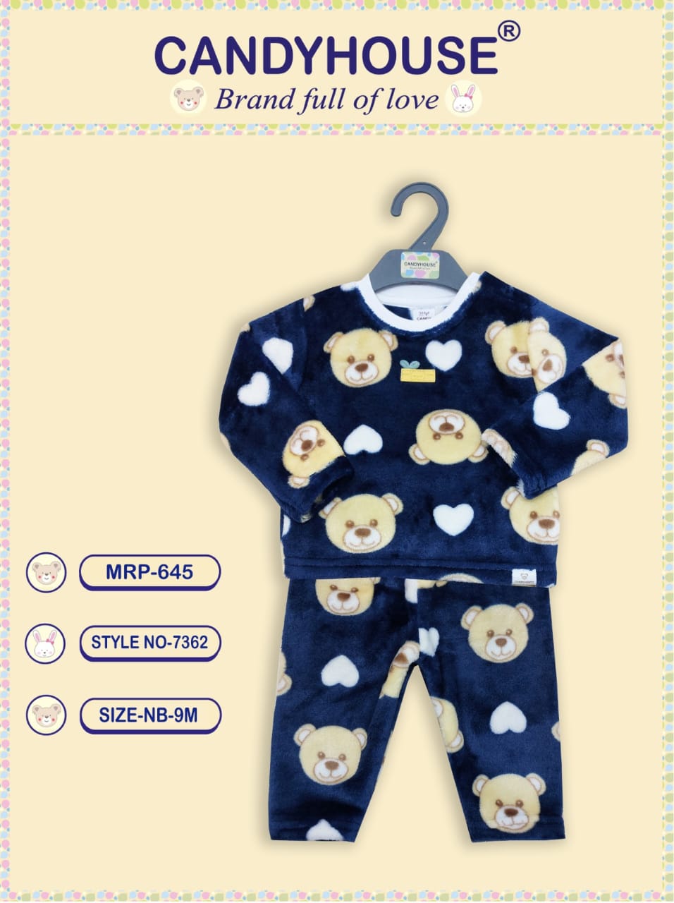 CandyHouse Fur Woven Full Sleeves Winter Wear Front Open Top & Lounge Pant Set With Teddy Print - Navy Blue