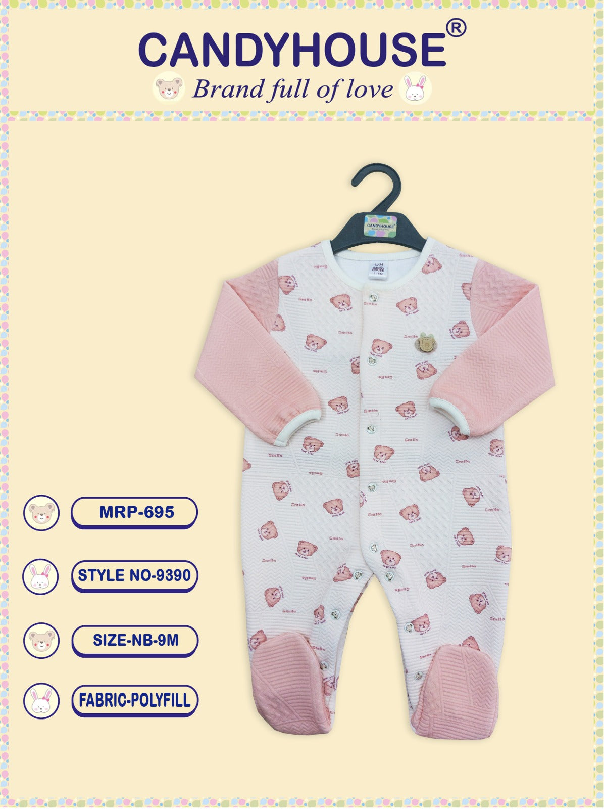 CandyHouse Full Sleeves Front Open Winter Wear Polyfill Romper with Teddy Print - Pink & White