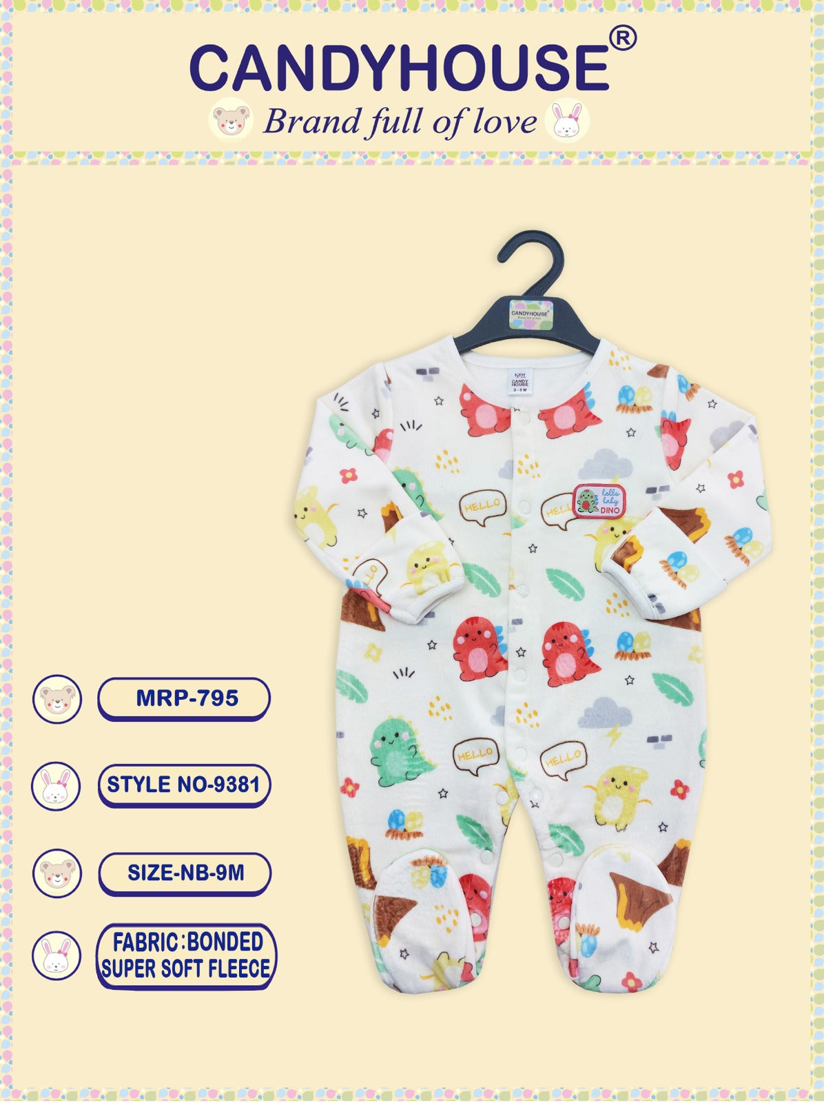 CandyHouse Full Sleeves Front Open Winter Wear Bonded Fleece Romper with all over Print - White