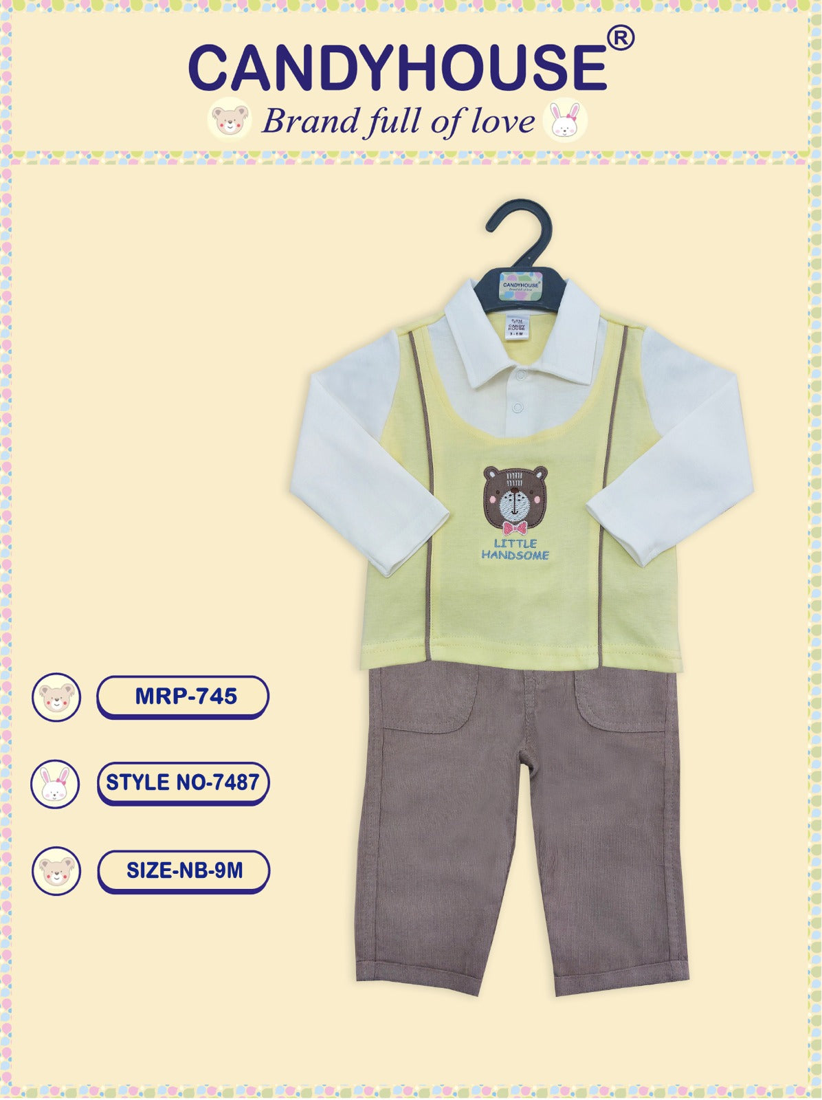 CandyHouse 100% Knitted Cotton Full Sleeves Collored T-Shirt with Embroidery & Woven Corduroy Pants Set - Yellow/White & Brown