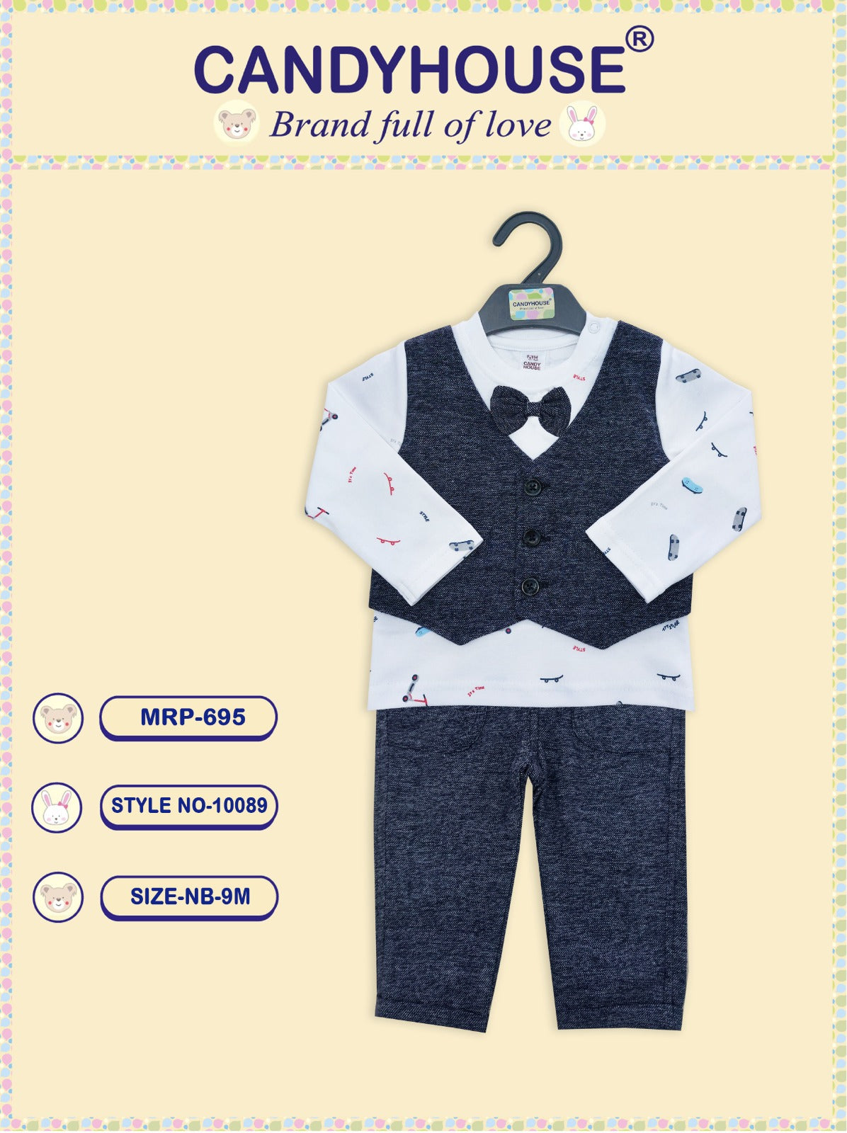 CandyHouse Knitted Cotton Full Sleeves T-Shirt with Attached Jacket and Bow & Woven Pants Set - White & Charcoal Grey