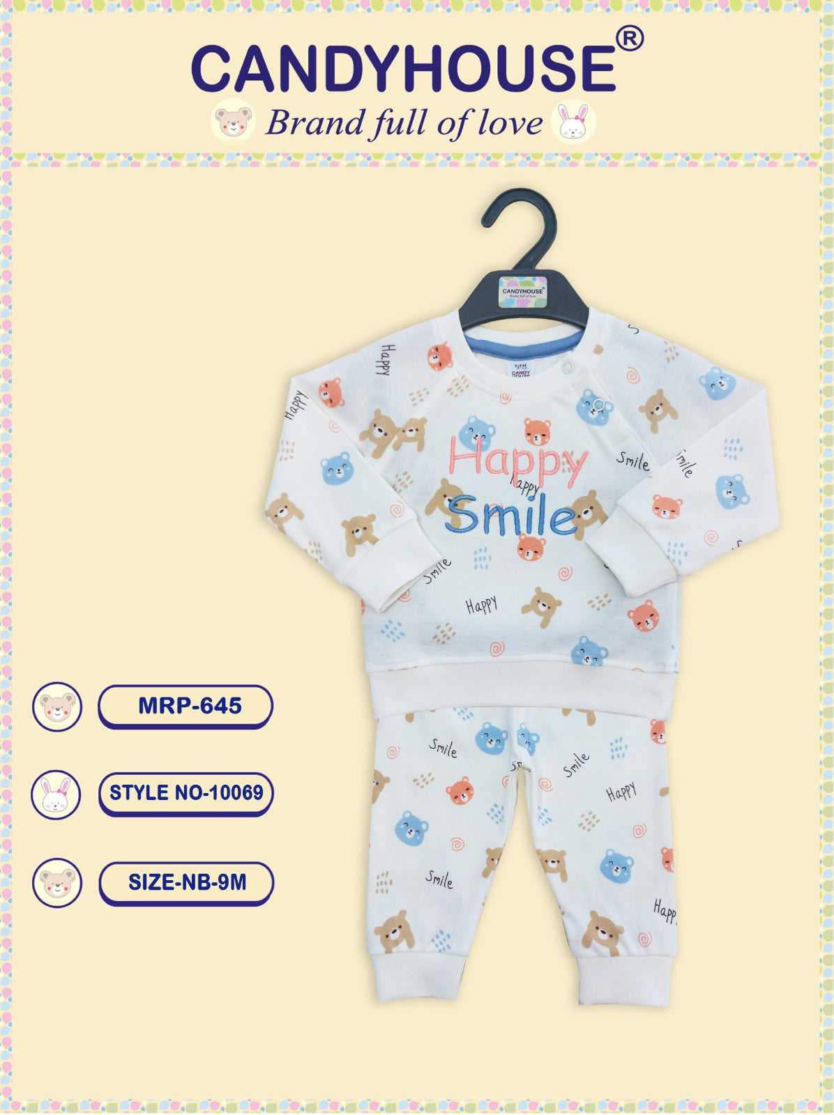 CandyHouse Interlock Knit Full Sleeves Suit With Embriodery and all over teddy prints - White