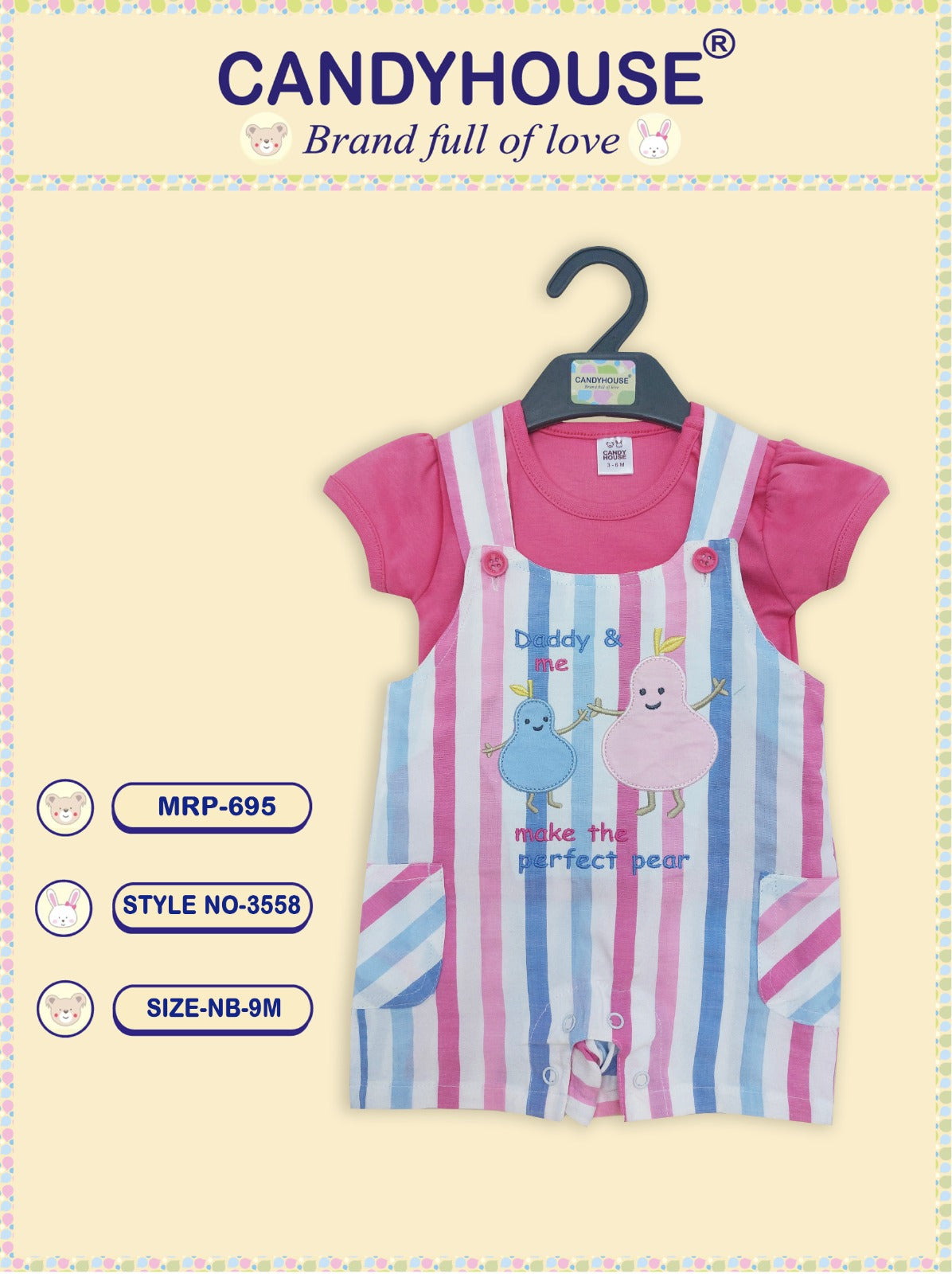 CandyHouse Cotton Woven Dungaree Striped with Applique and Half Sleeves Inner Tee Plain - Pink