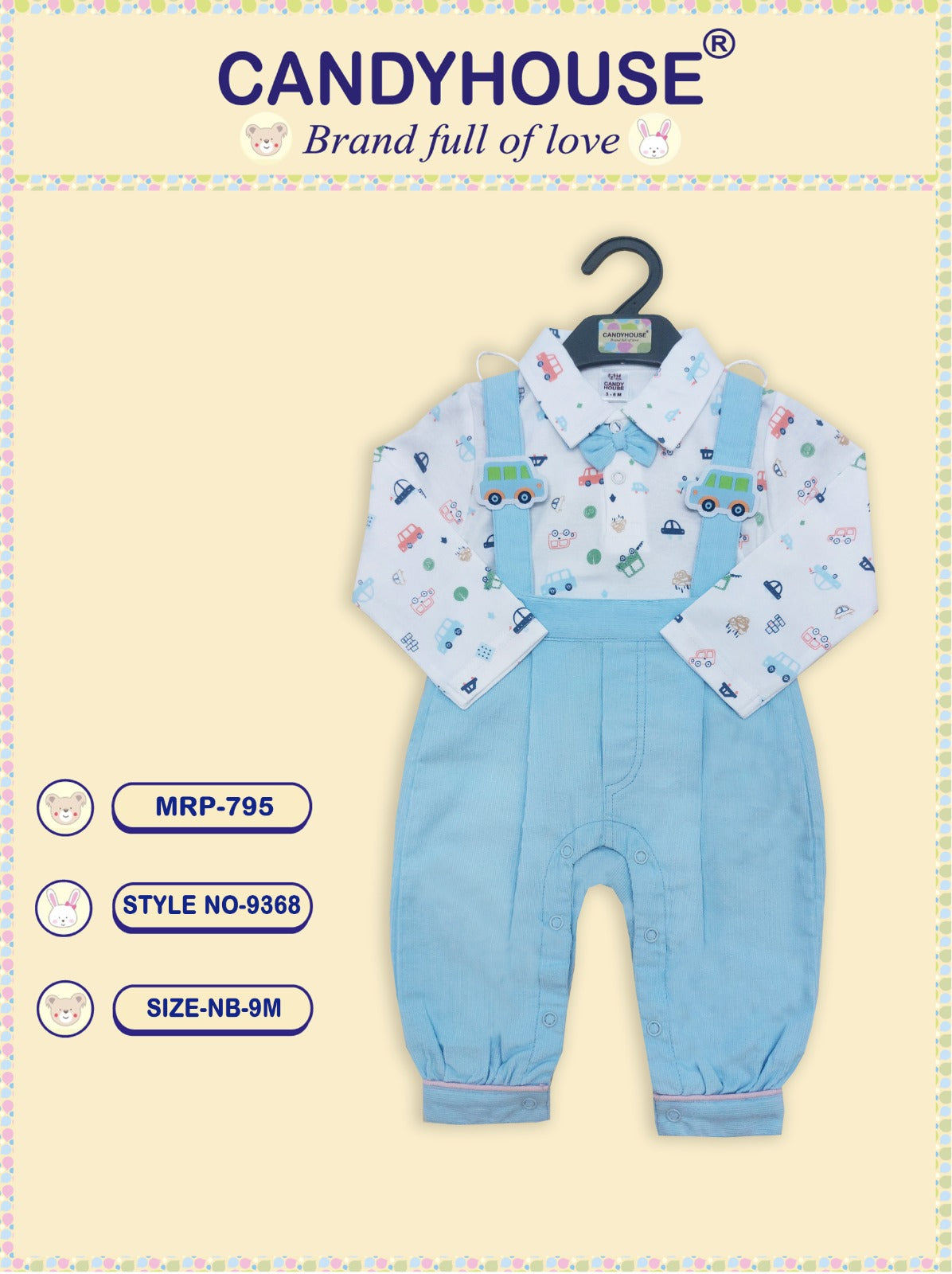 CandyHouse Cotton Woven Corduroy Embroidered Romper with Full Sleeves Car Printed T-Shirt with Bow - Sky Blue & White