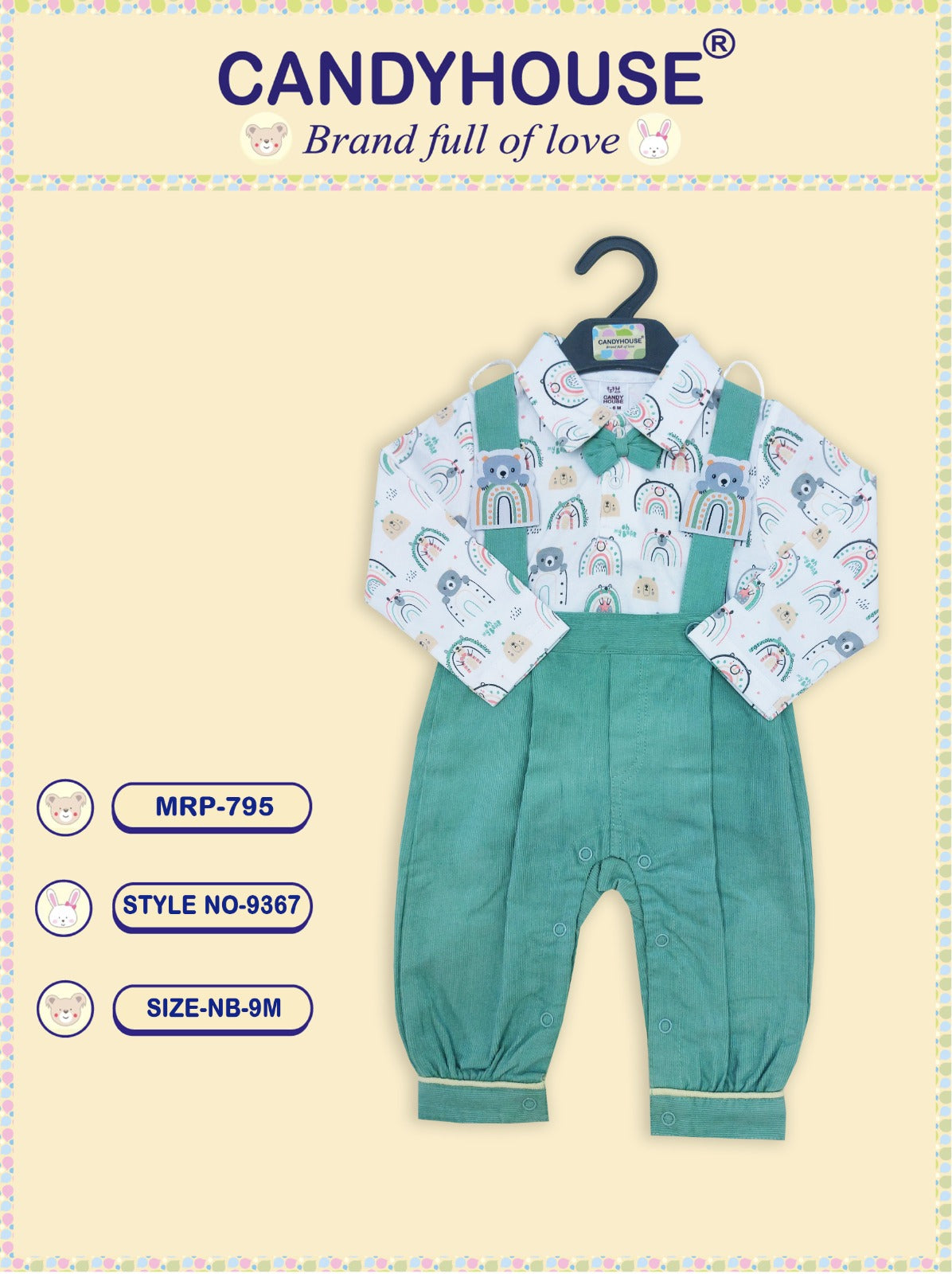CandyHouse Cotton Woven Corduroy Embroidered Romper with Full Sleeves Panda Printed T-Shirt with Bow - Green & White