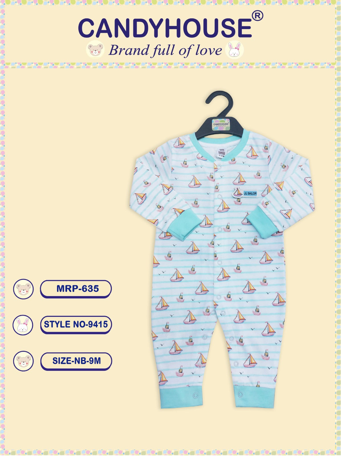 CandyHouse 100% Cotton  Interlock Full Sleeves Romper/Sleep Suit with all over Ship Print - Peach
