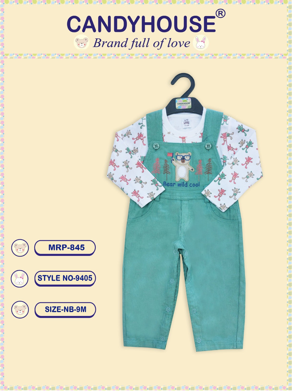 CandyHouse Cotton Woven Corduroy Embroidered Dungaree with Full Sleeves Teddy Printed T-Shirt - White & Pista Green