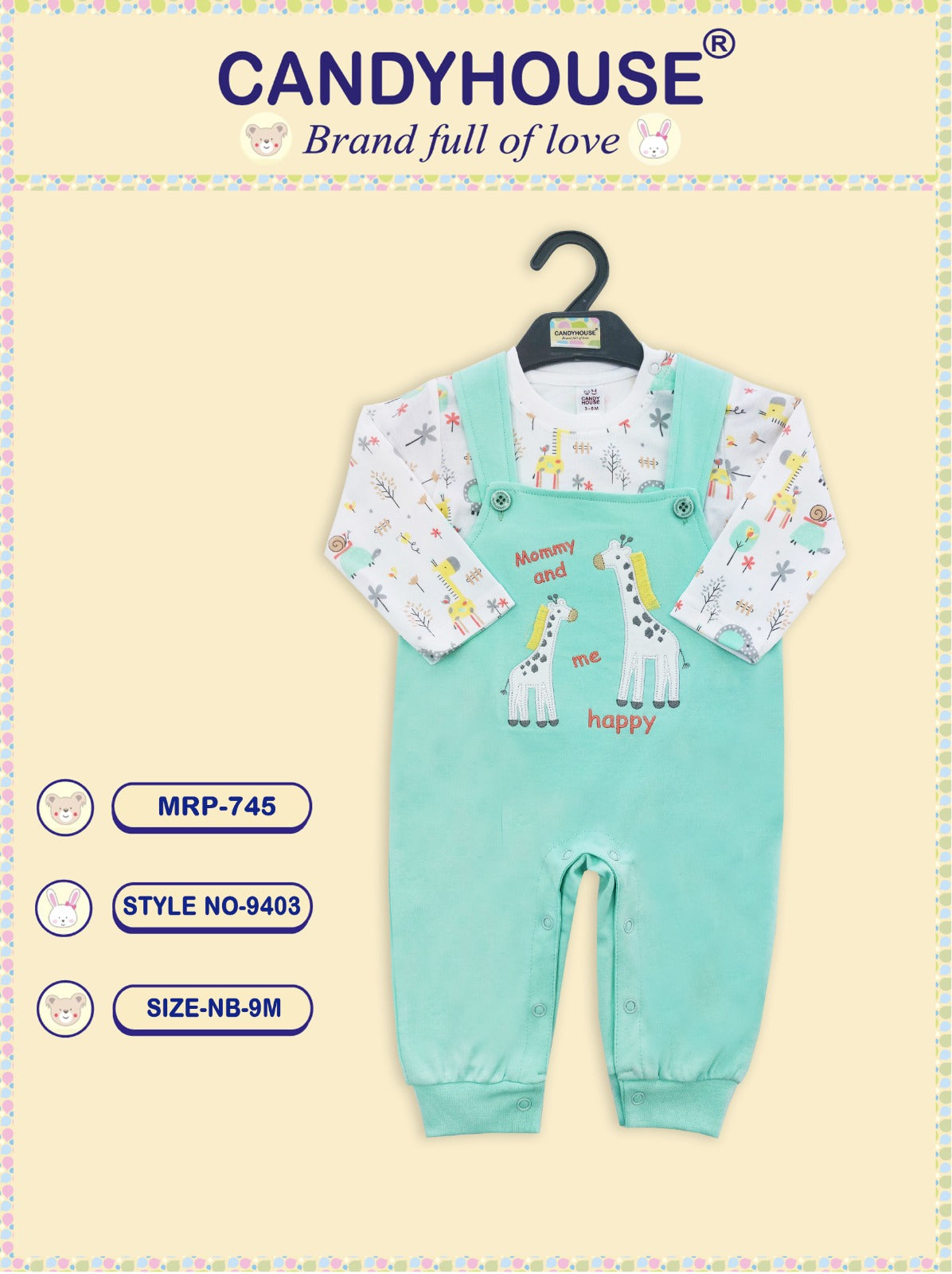 CandyHouse 100% Cotton Interlock Full Sleeves Dungaree with Embroidery and all over printed T-Shirt - Pista Green