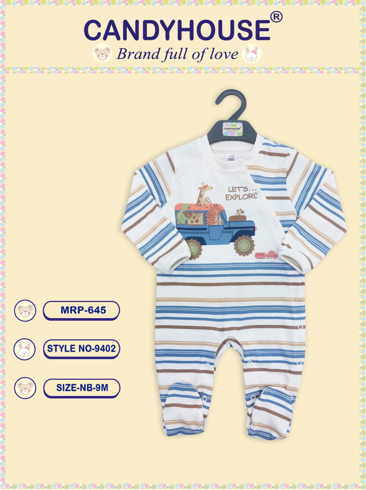 CandyHouse 100% Cotton Interlock Full Sleeves Romper Striped with covered socks and prints - White & Blue