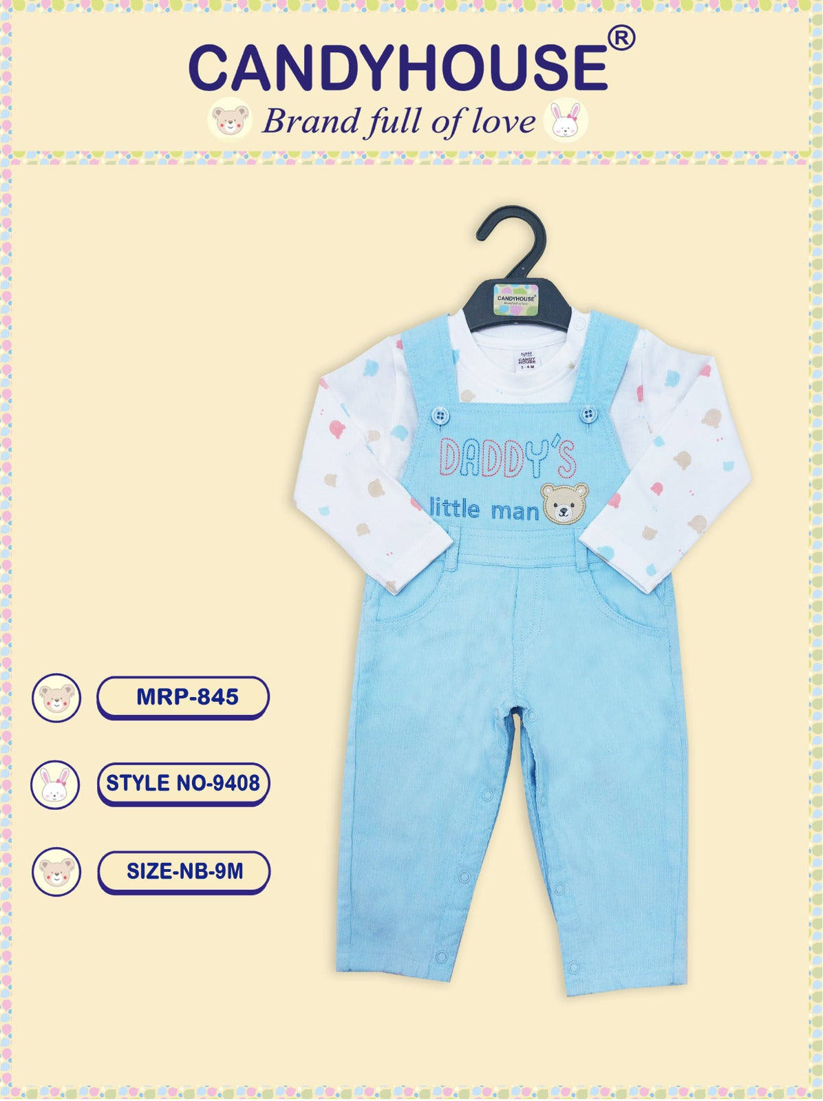 CandyHouse Cotton Woven Corduroy Embroidered Dungaree with Full Sleeves Teddy Printed T-Shirt - White & Sky Blue