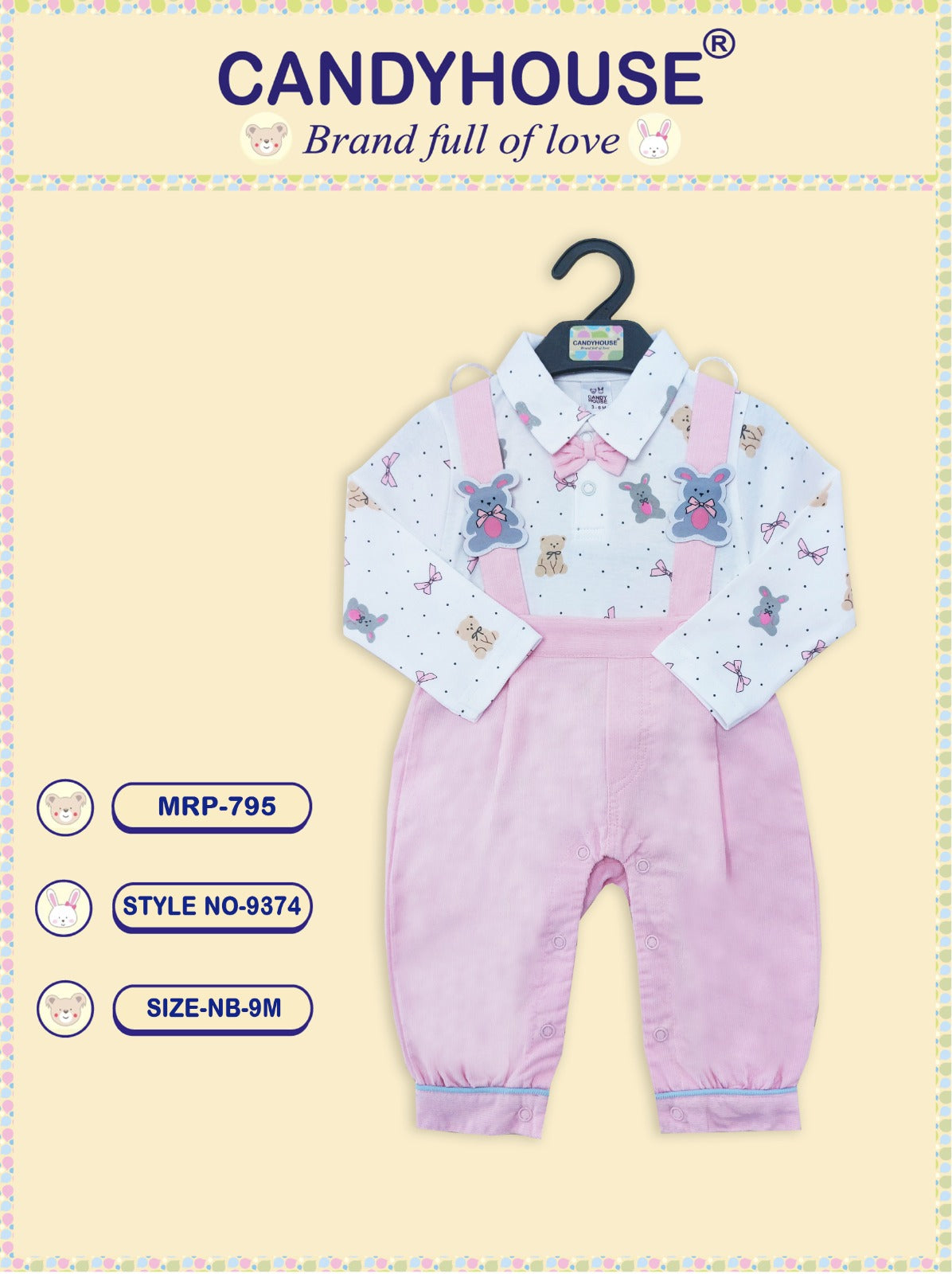 CandyHouse Cotton Woven Corduroy Embroidered Romper with Full Sleeves Rabbit Printed T-Shirt with Bow - Pink & White