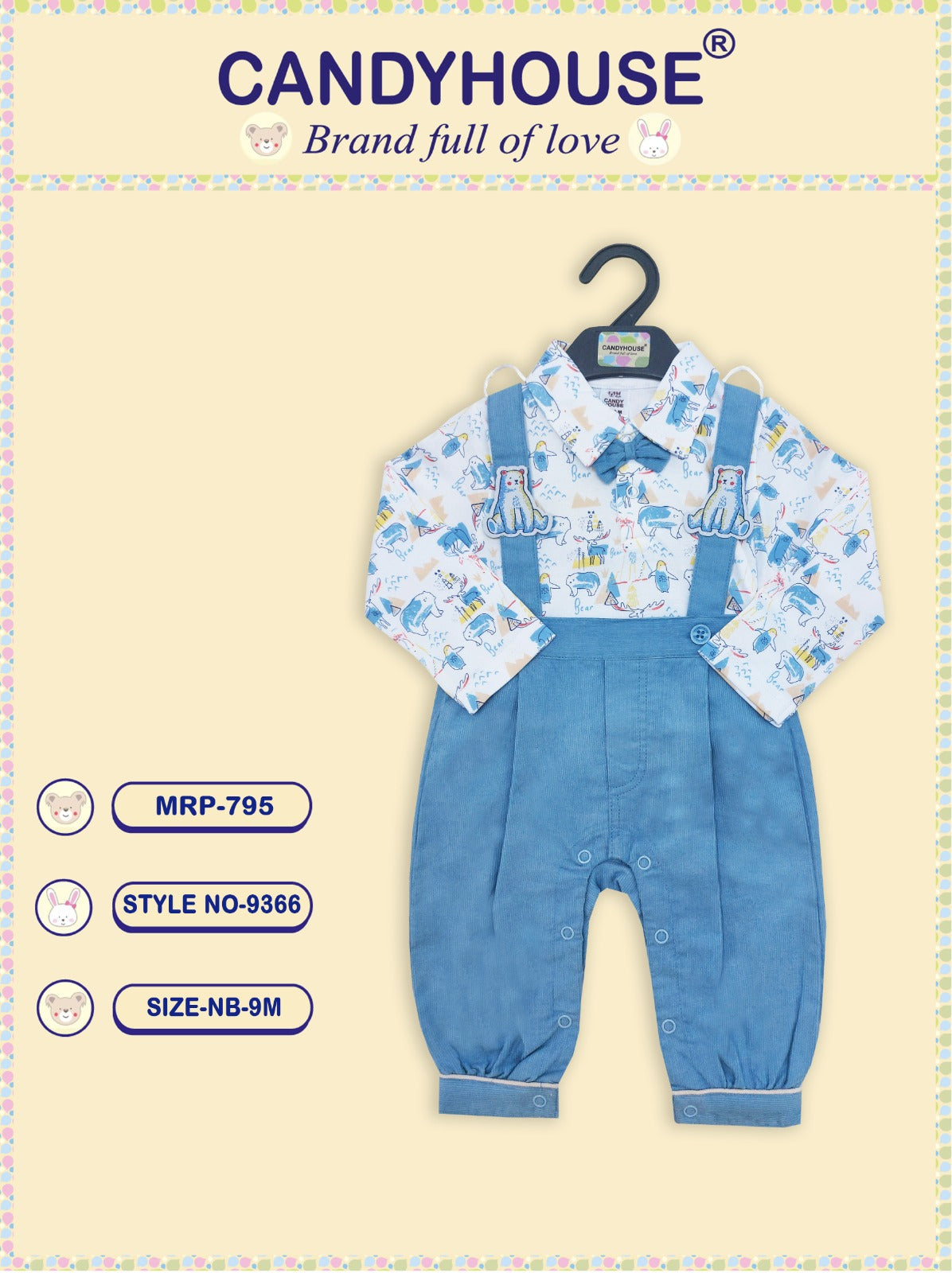 CandyHouse Cotton Woven Corduroy Embroidered Romper with Full Sleeves Elephant Printed T-Shirt with Bow - Blue & White
