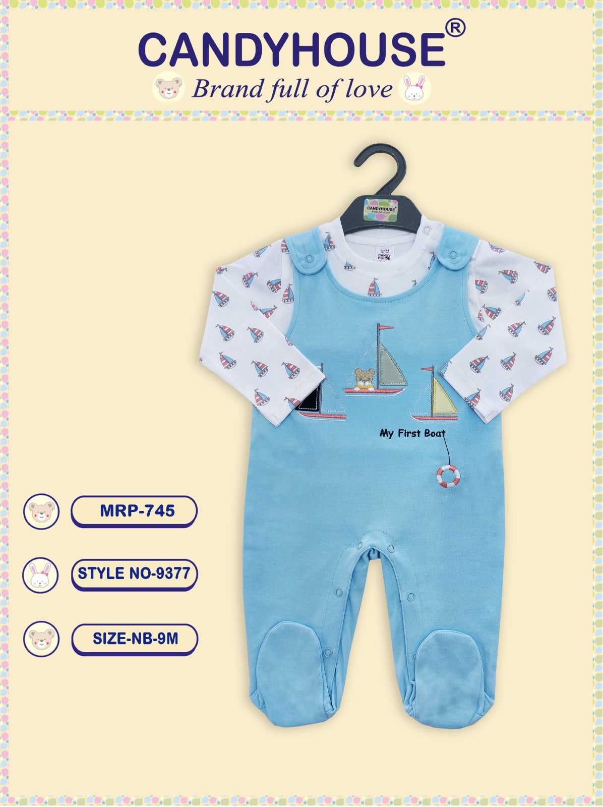 CandyHouse 100% Cotton Interlock Full Sleeves Romper footed with Embroidery and all over printed T-Shirt - Blue