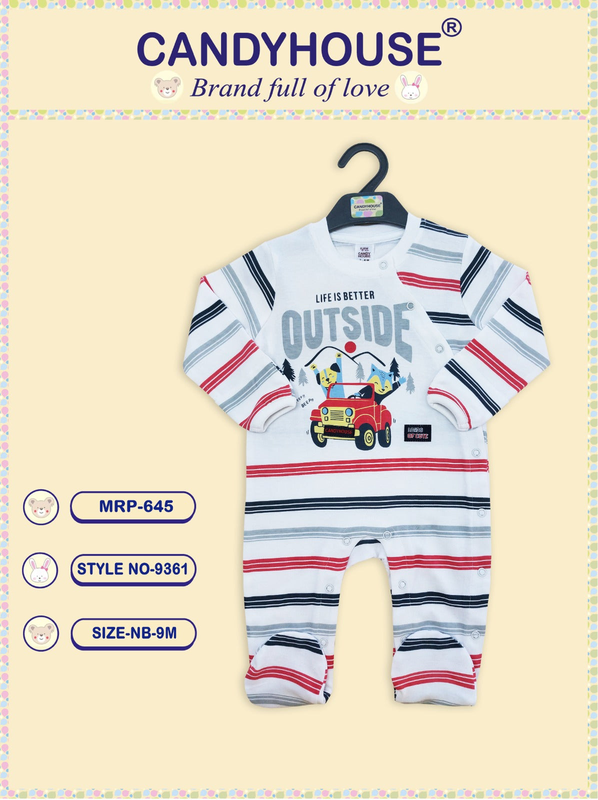 CandyHouse 100% Cotton Interlock Full Sleeves Romper Striped with covered socks and prints - White