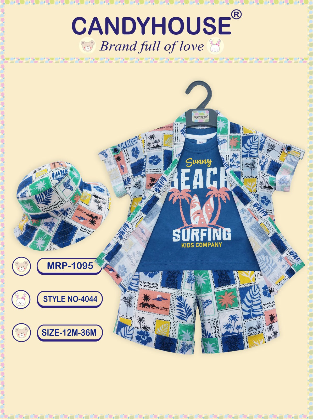 CandyHouse 100% Cotton Knit Half Sleeves Shirt, Sleeveless Knitted T-shirt & Shorts Set Floral With Cap - Navy Blue