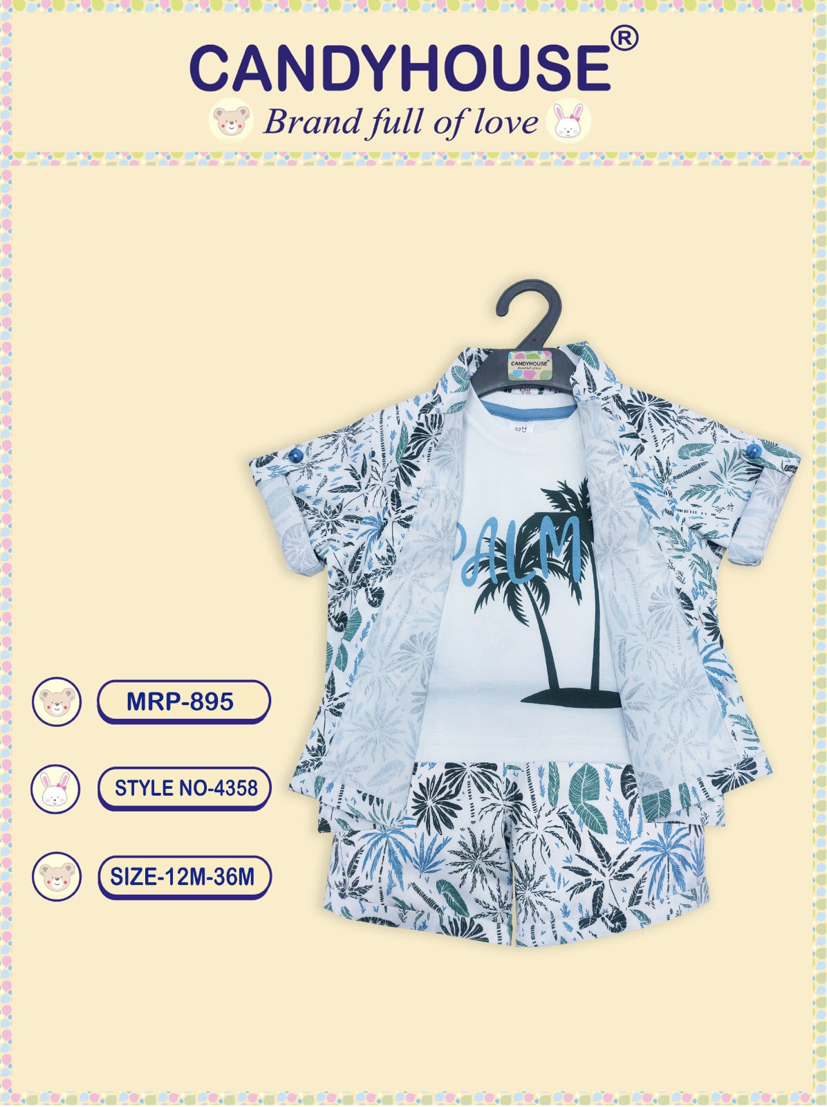 CandyHouse 100% Cotton Knit Half Sleeves Shirt, Sleeveless Knitted T-shirt & Shorts Set Floral - Blue