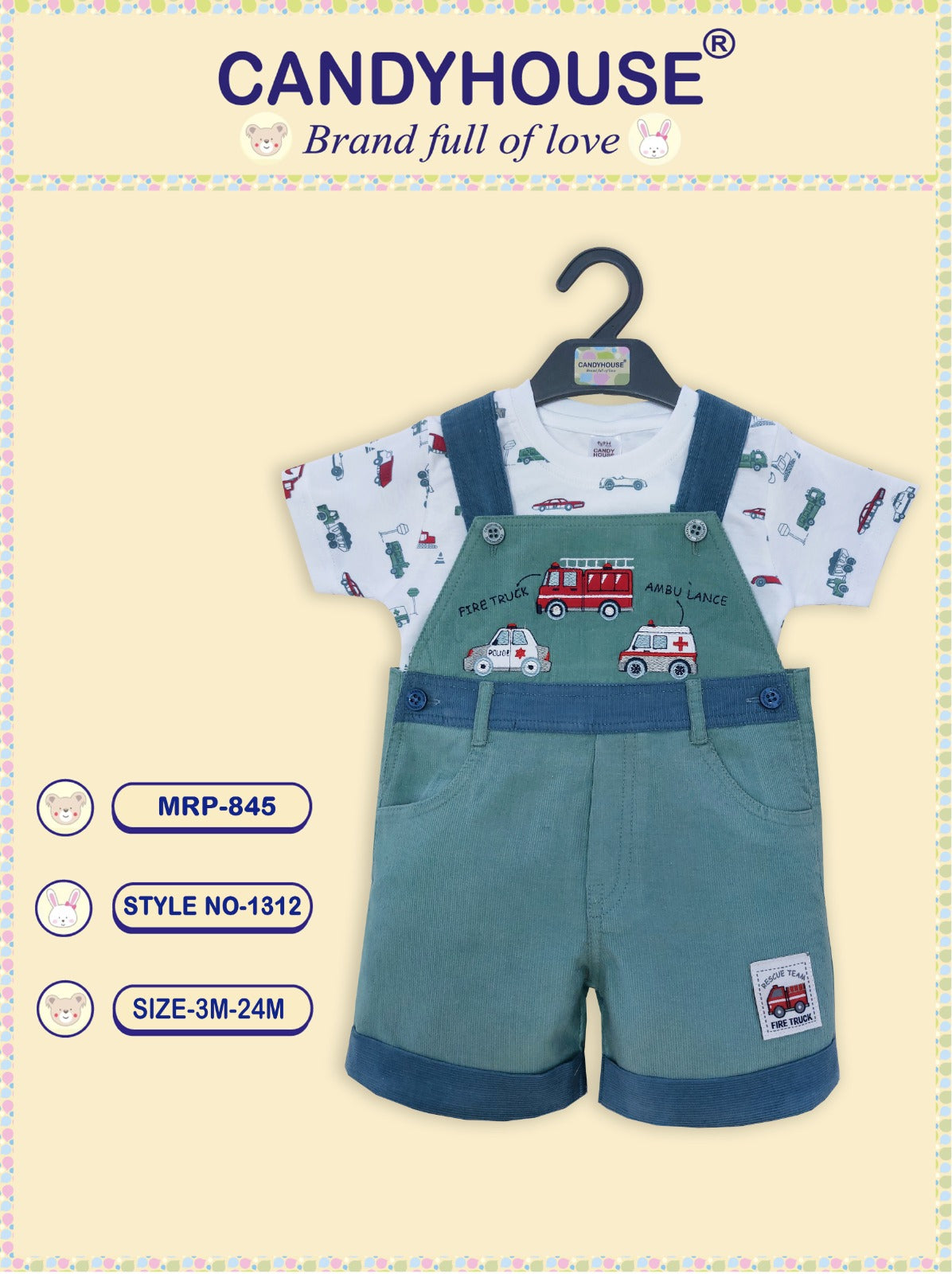 CandyHouse Cotton Woven Corduroy Embroidered Dungaree with Half Sleeves Striped T-Shirt - Green & Blue