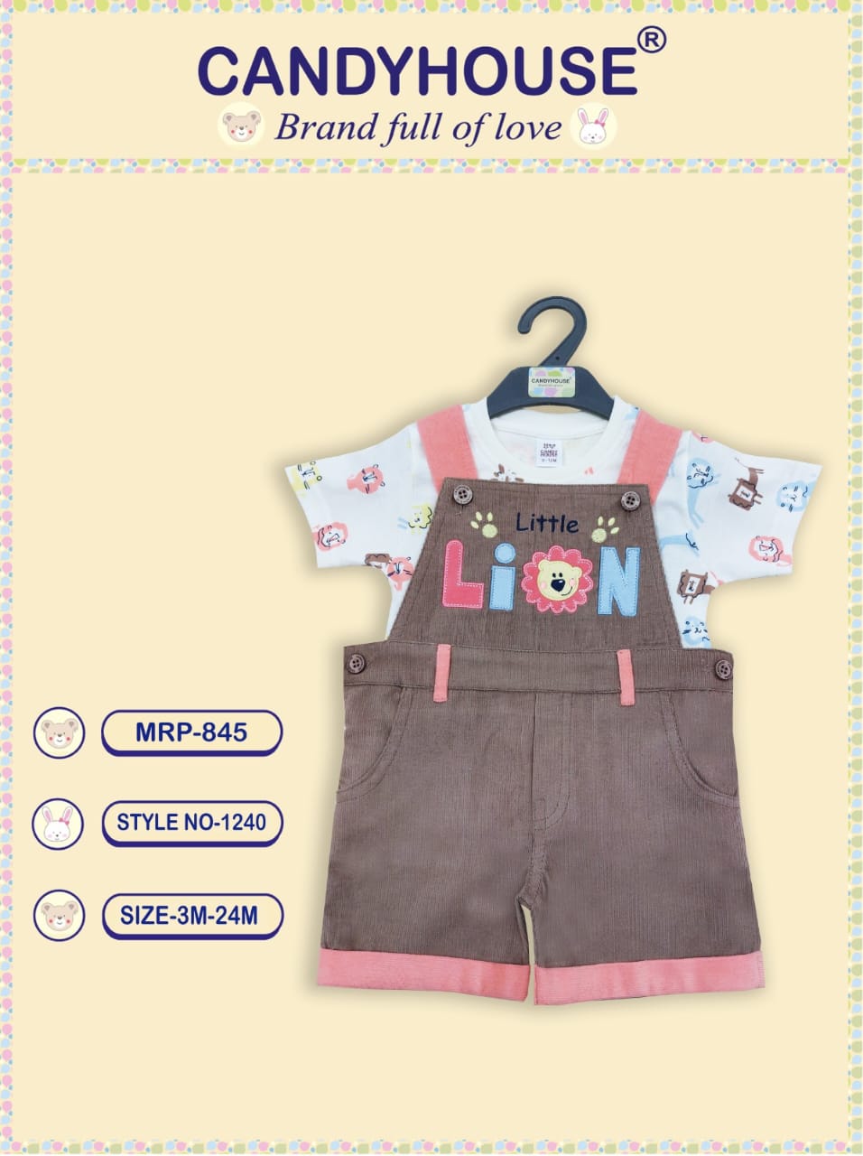 CandyHouse Cotton Woven Corduroy Embroidered Dungaree with Half Sleeves Printed T-Shirt - Brown & Orange