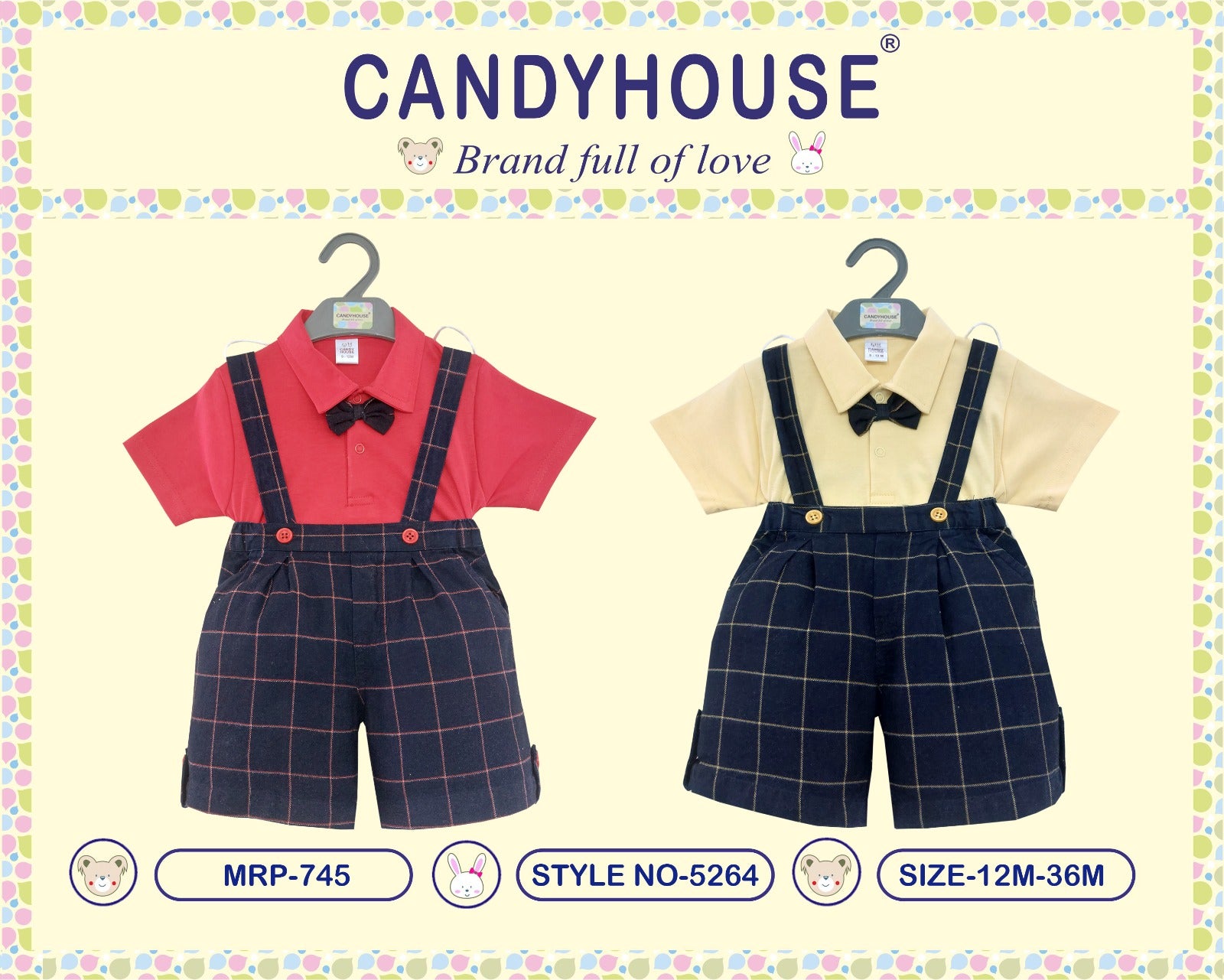 CandyHouse Woven Knitted Half Sleeves Plain TShirt & Short Set With Suspender and Bow - Red & Yellow