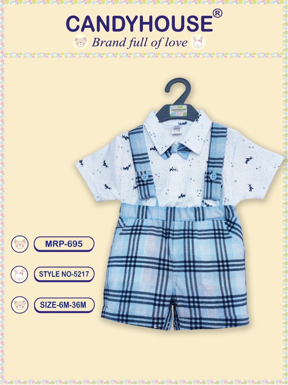 CandyHouse Cotton Woven Knitted Half Sleeves T-Shirt & Striped Bottom Set With Attached Suspender and Bow - Blue