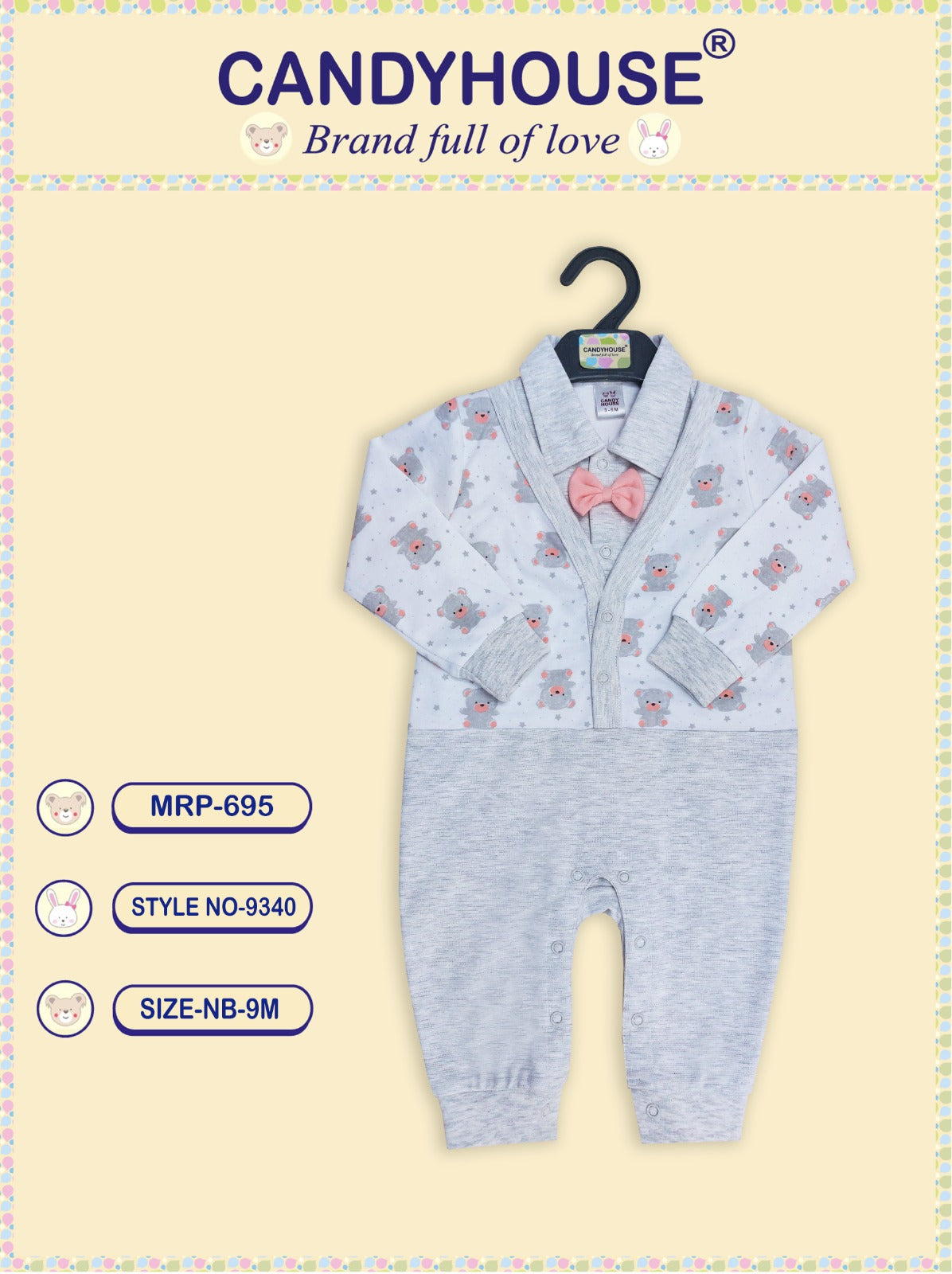 CandyHouse 100% Cotton Full Sleeves Romper with Collor and all over Print with attached Bow - Grey
