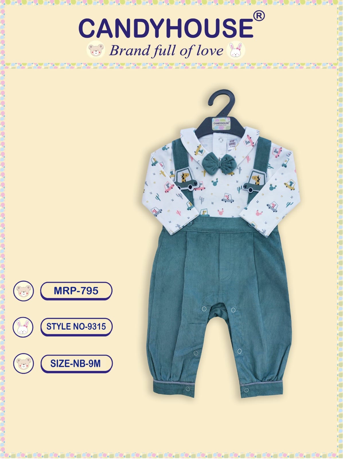 CandyHouse Cotton Woven Corduroy Embroidered Romper with Full Sleeves Car/Animal  Printed T-Shirt with Bow - Dark Green & White