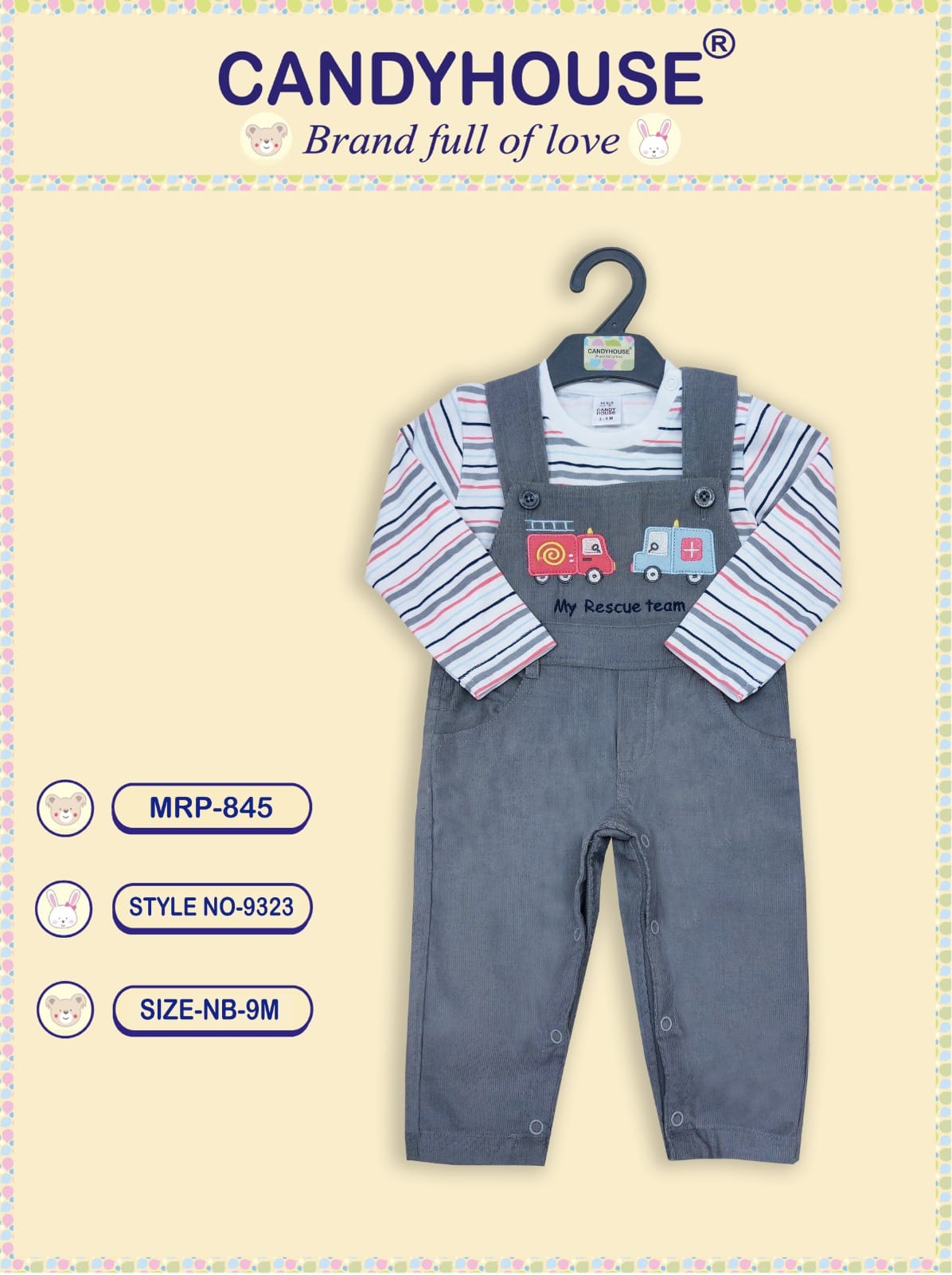 CandyHouse Cotton Woven Corduroy Embroidered Dungaree with Full Sleeves Striped Printed T-Shirt - White & Dark Grey