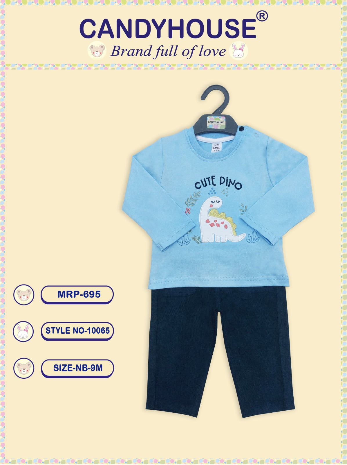 CandyHouse 100% Knitted Cotton Full Sleeves Striped T-Shirt & Woven Corduroy Pants Set With Embroidery - Blue & Navy Blue