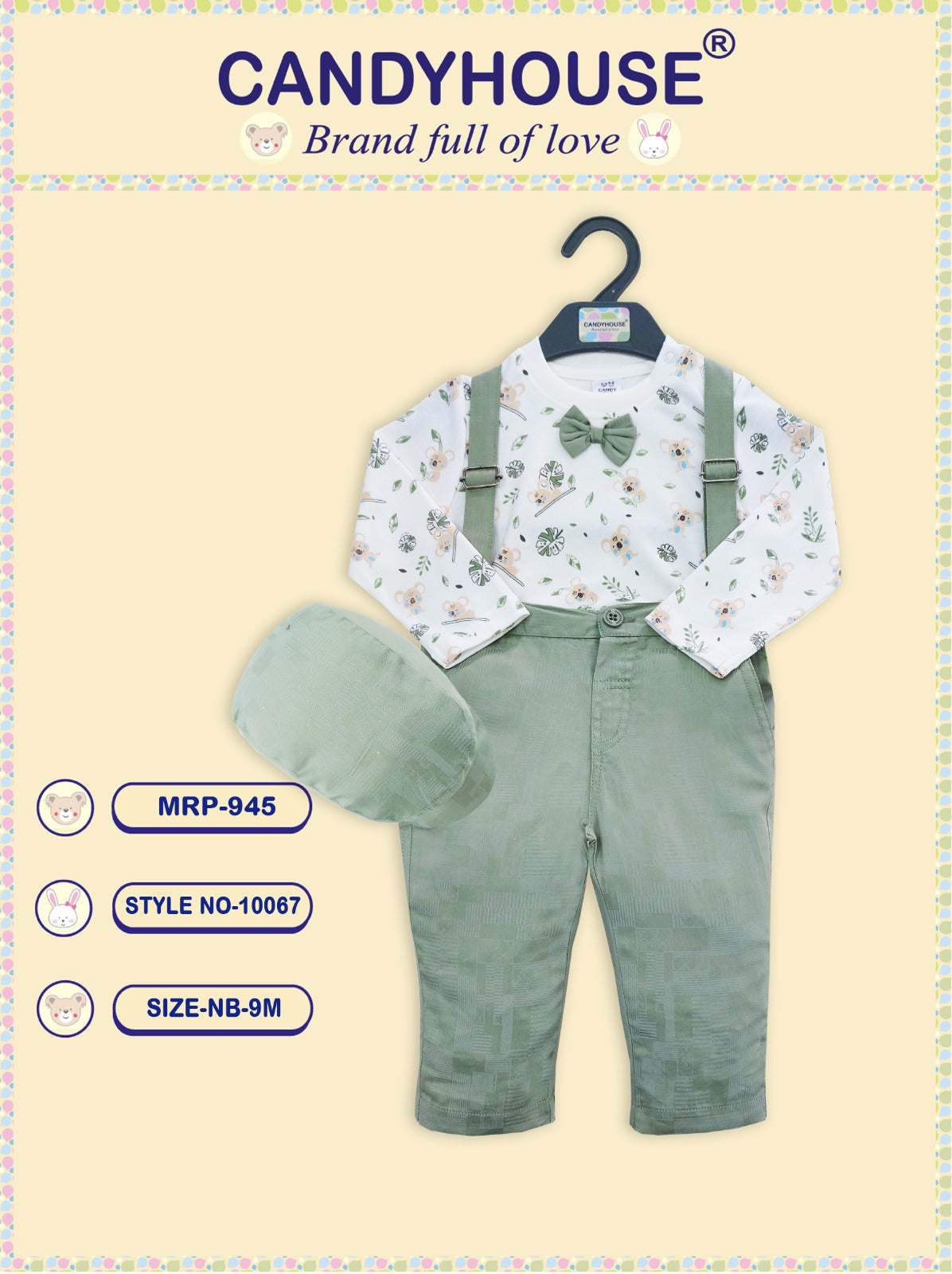 CandyHouse Full Sleeves T-Shirt all over print with bow & Trouser Set With Suspender and Cap - Green & White