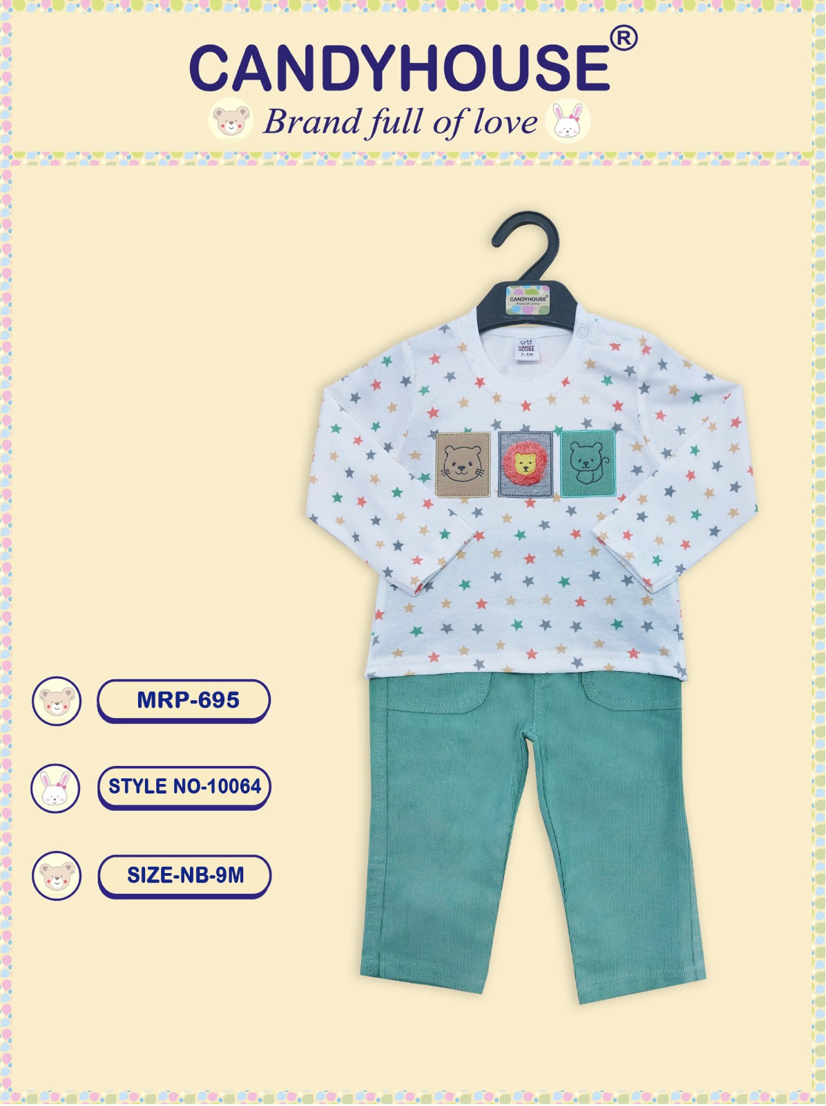 CandyHouse 100% Knitted Cotton Full Sleeves Star Print T-Shirt with Embroidery & Woven Corduroy Pants Set - Green & White