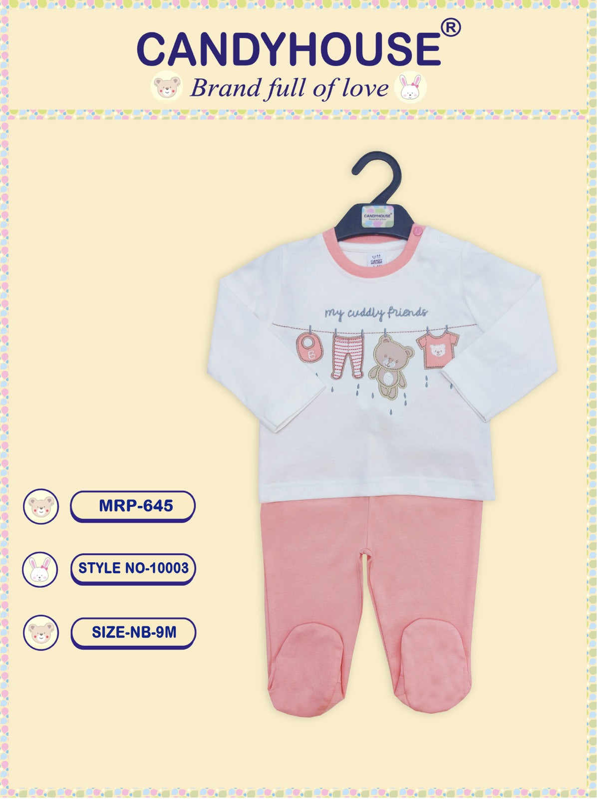 CandyHouse Interlock Knit Full Sleeves Suit With Embriodery and covered socks - Peach & White