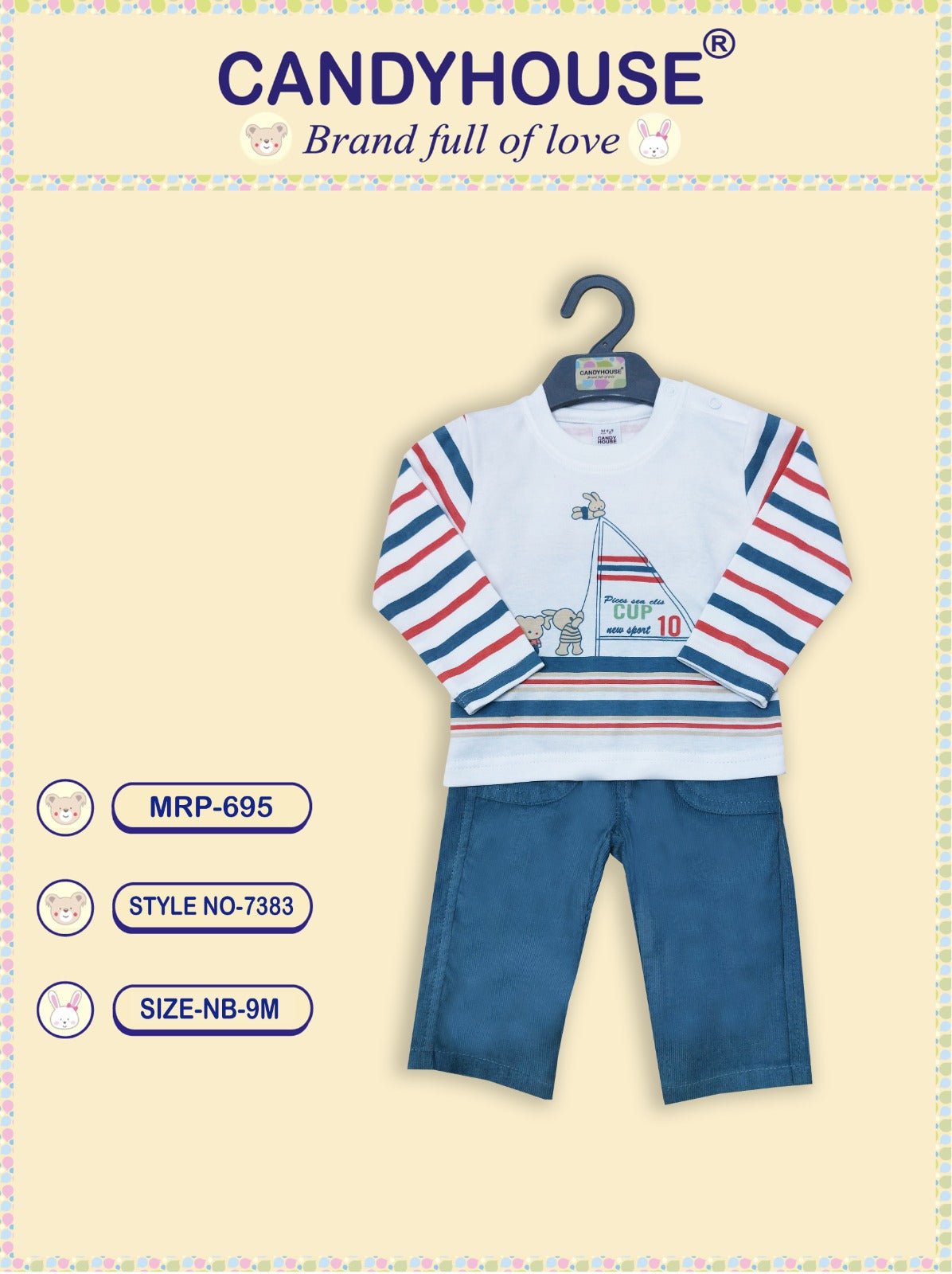 CandyHouse 100% Knitted Cotton Full Sleeves Striped T-Shirt & Woven Corduroy Pants Set With Prints - White & Blue