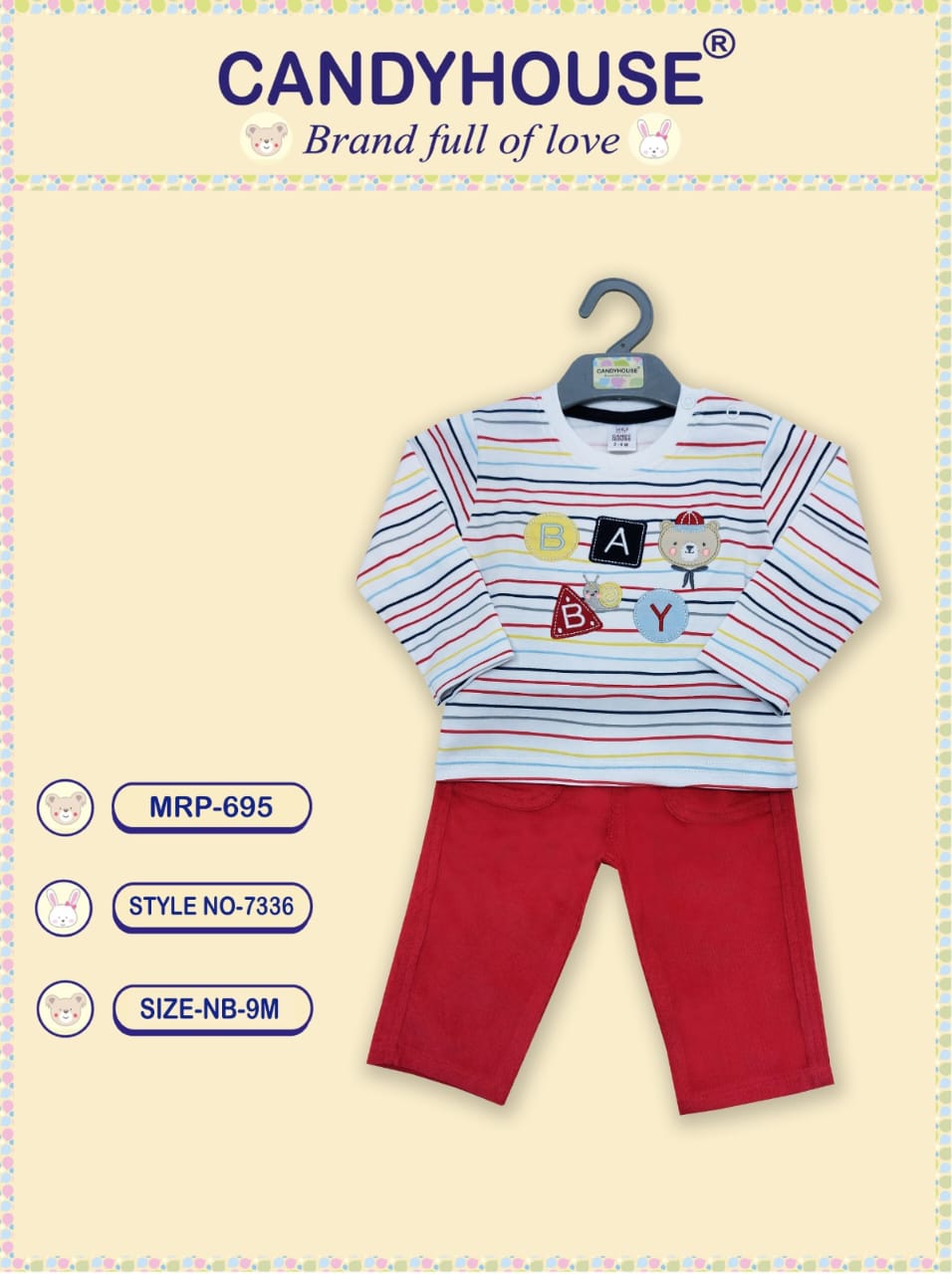 CandyHouse 100% Knitted Cotton Full Sleeves Striped T-Shirt & Woven Corduroy Pants Set With Embroidery - Red