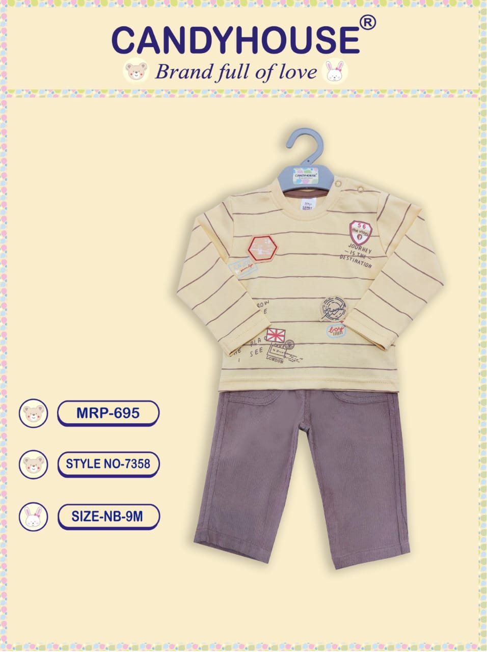 CandyHouse 100% Knitted Cotton Full Sleeves Striped T-Shirt & Woven Corduroy Pants Set With Embroidery - Yellow & Brown