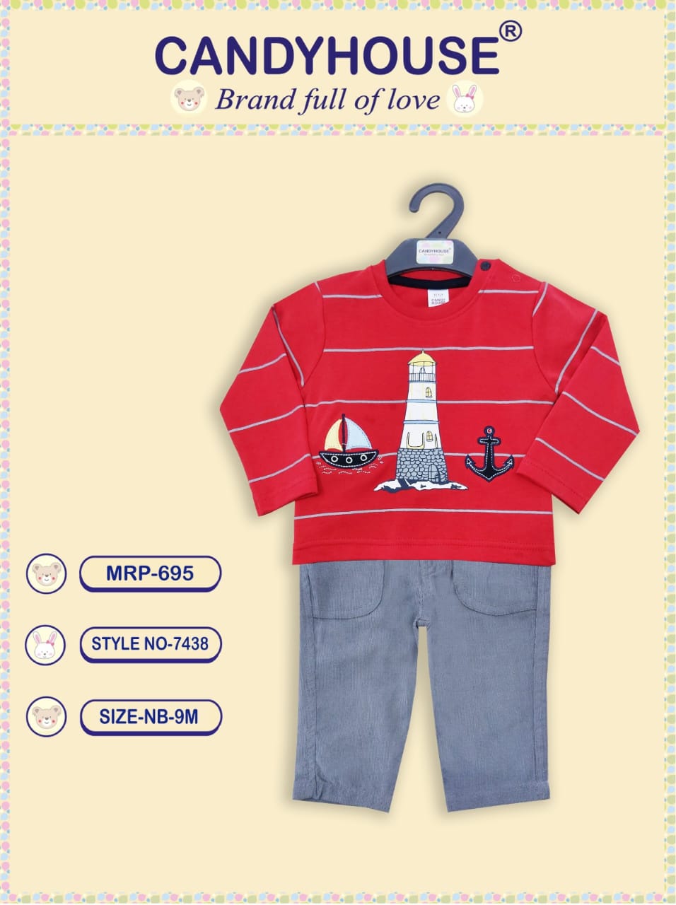 CandyHouse 100% Knitted Cotton Full Sleeves Striped T-Shirt & Woven Corduroy Pants Set With Embroidery - Red & Grey