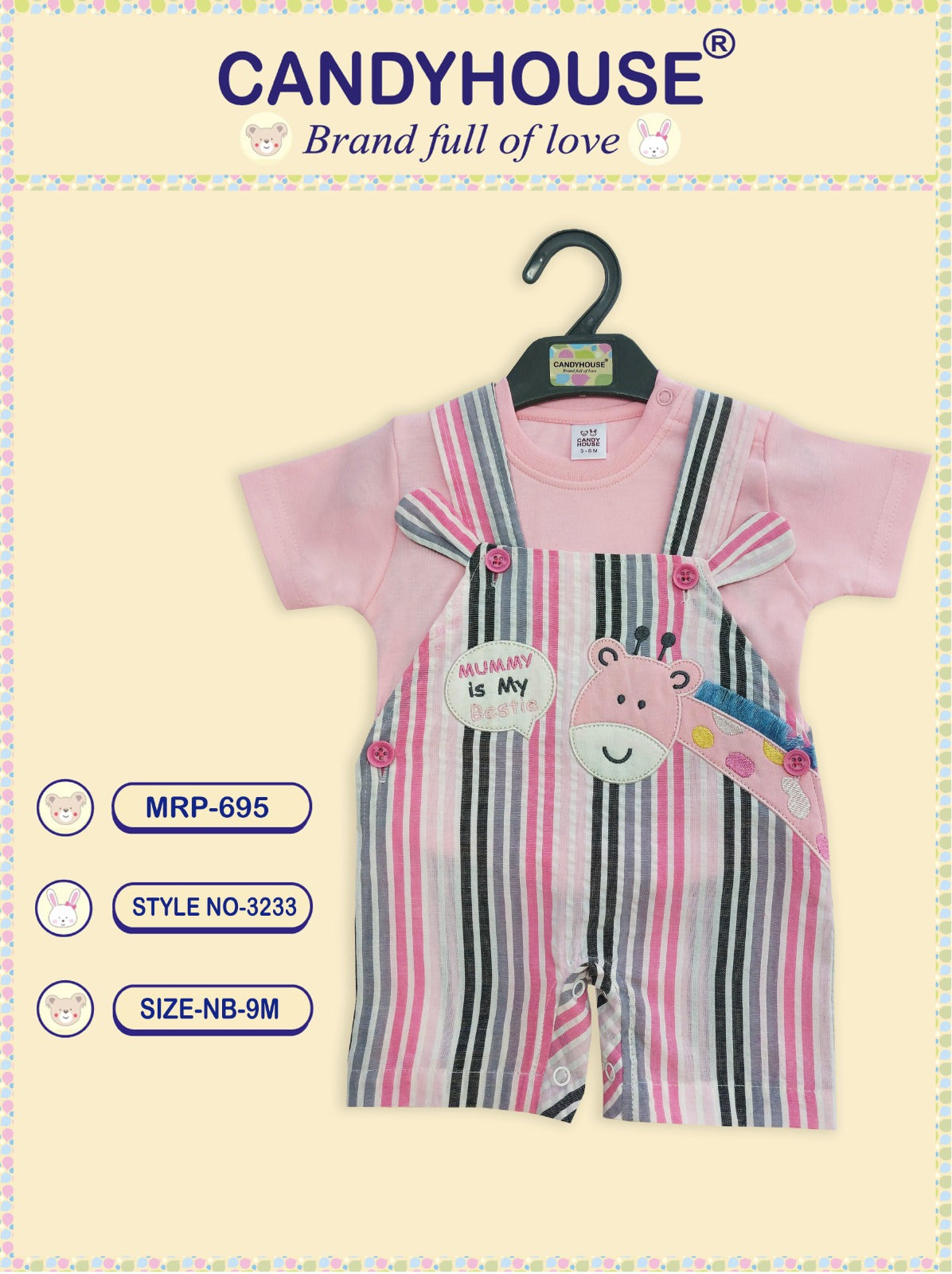 CandyHouse Cotton Siya Sakar Dungaree Striped with Applique and Half Sleeves Inner Tee Plain - Pink