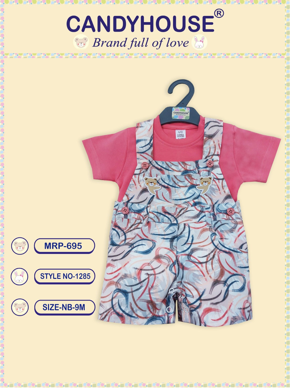 CandyHouse Cotton Woven Dungaree Geometric with Applique and Half Sleeves Inner Tee Plain - Peach