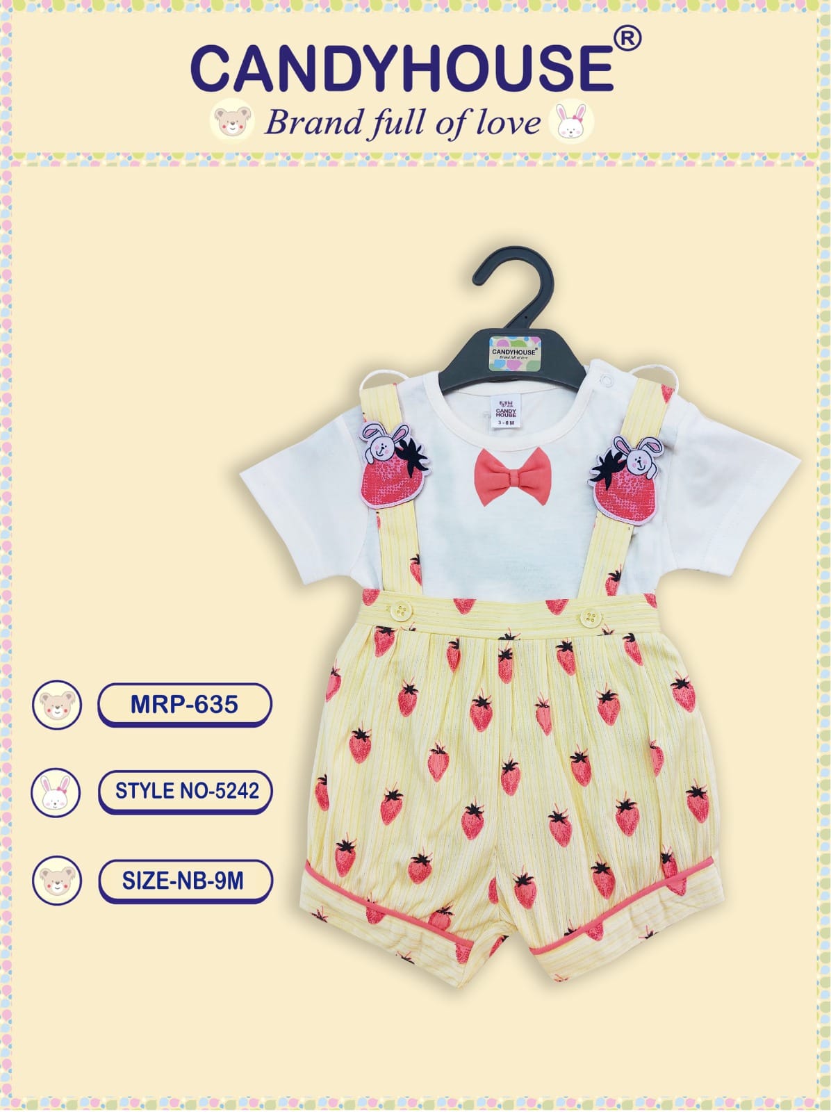 CandyHouse Cotton Interlock Half Romper Strawberry Printed and Half Sleeves Plain Inner Tee with Bow - Yellow