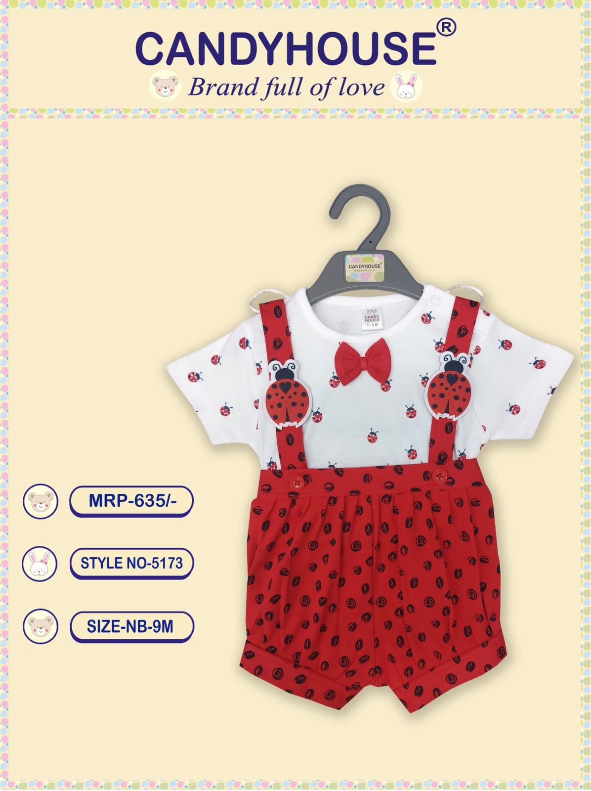 CandyHouse Cotton Interlock Half Romper Printed and Half Sleeves Plain Inner Tee with Bow - Red & White