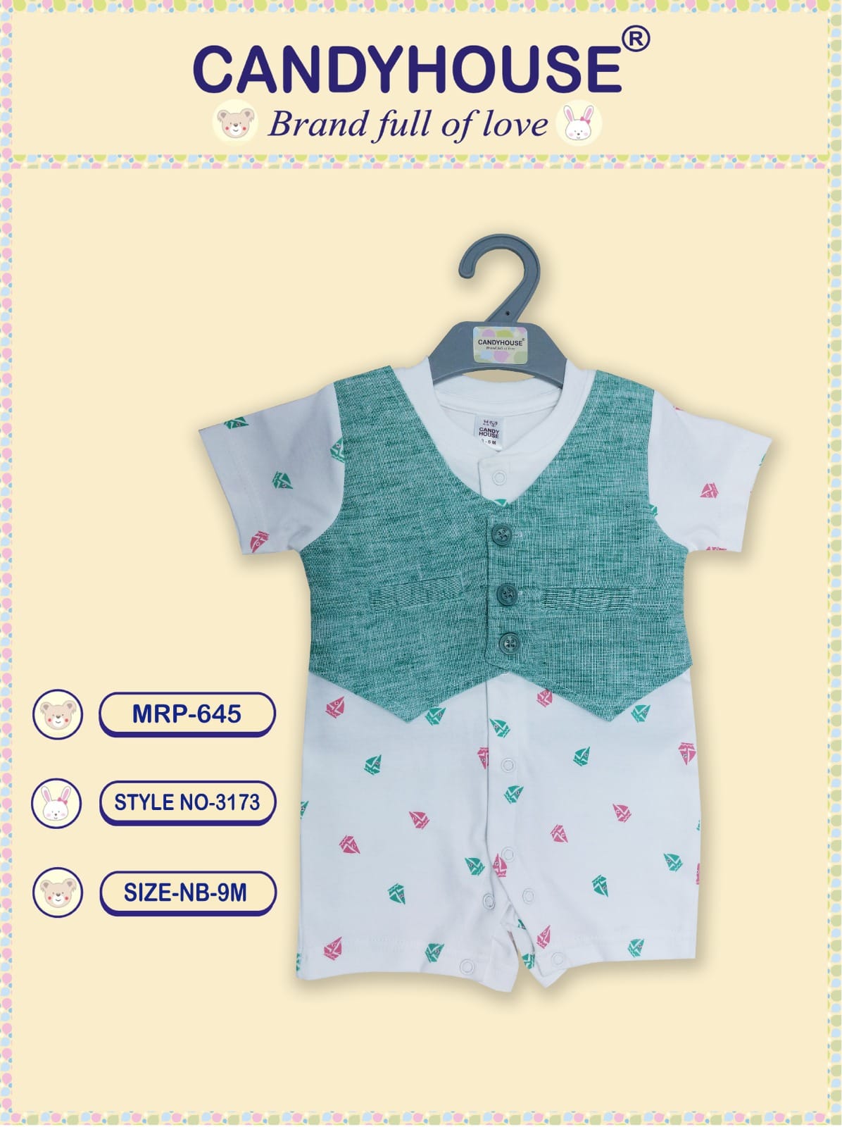 CandyHouse Cotton Knit Half Sleeves Printed Half Romper with attached Waistcoat - Green