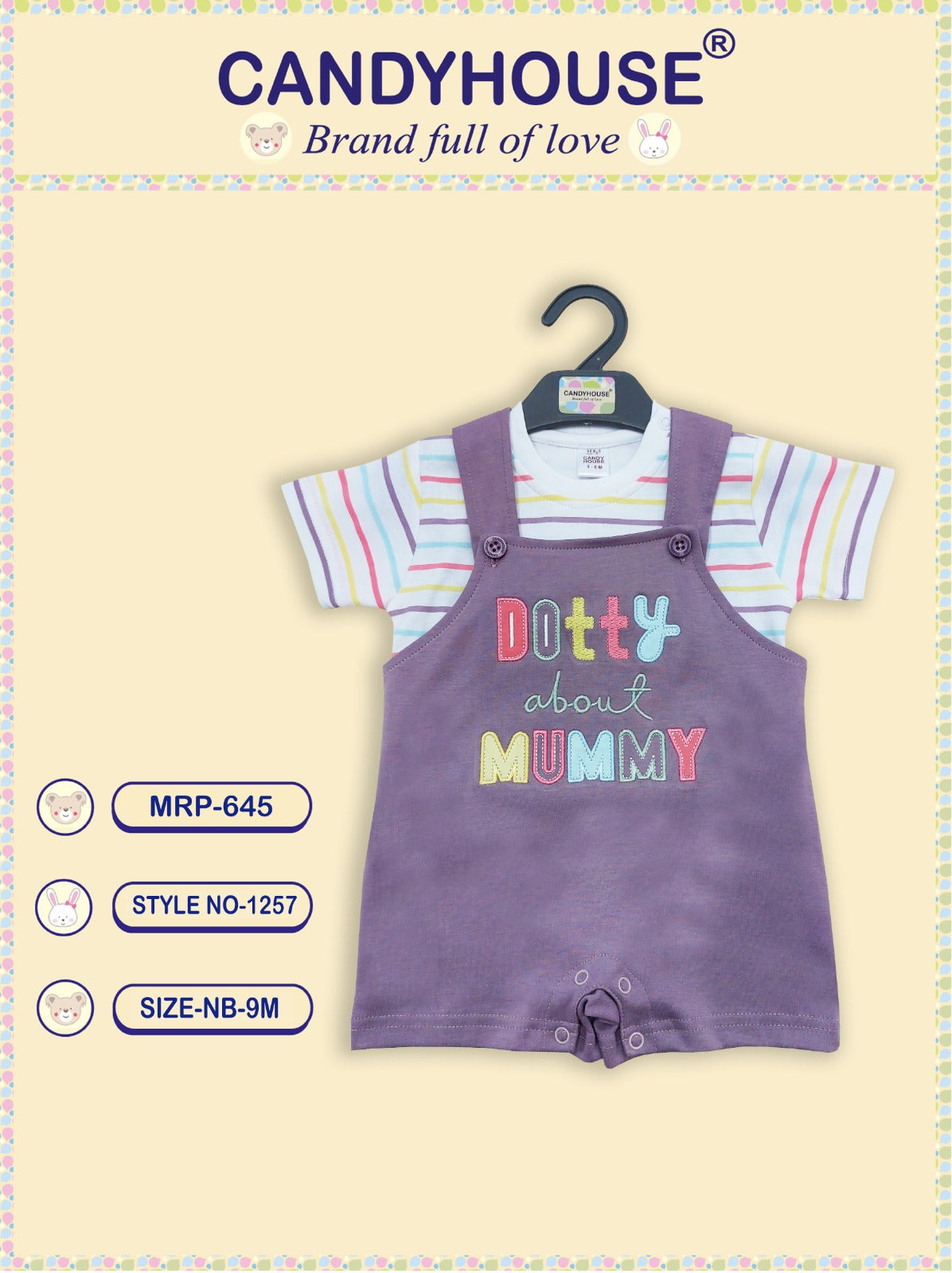 CandyHouse Cotton Interlock Dungaree with Embroidery and Half Sleeves Striped Inner Tee - Purple