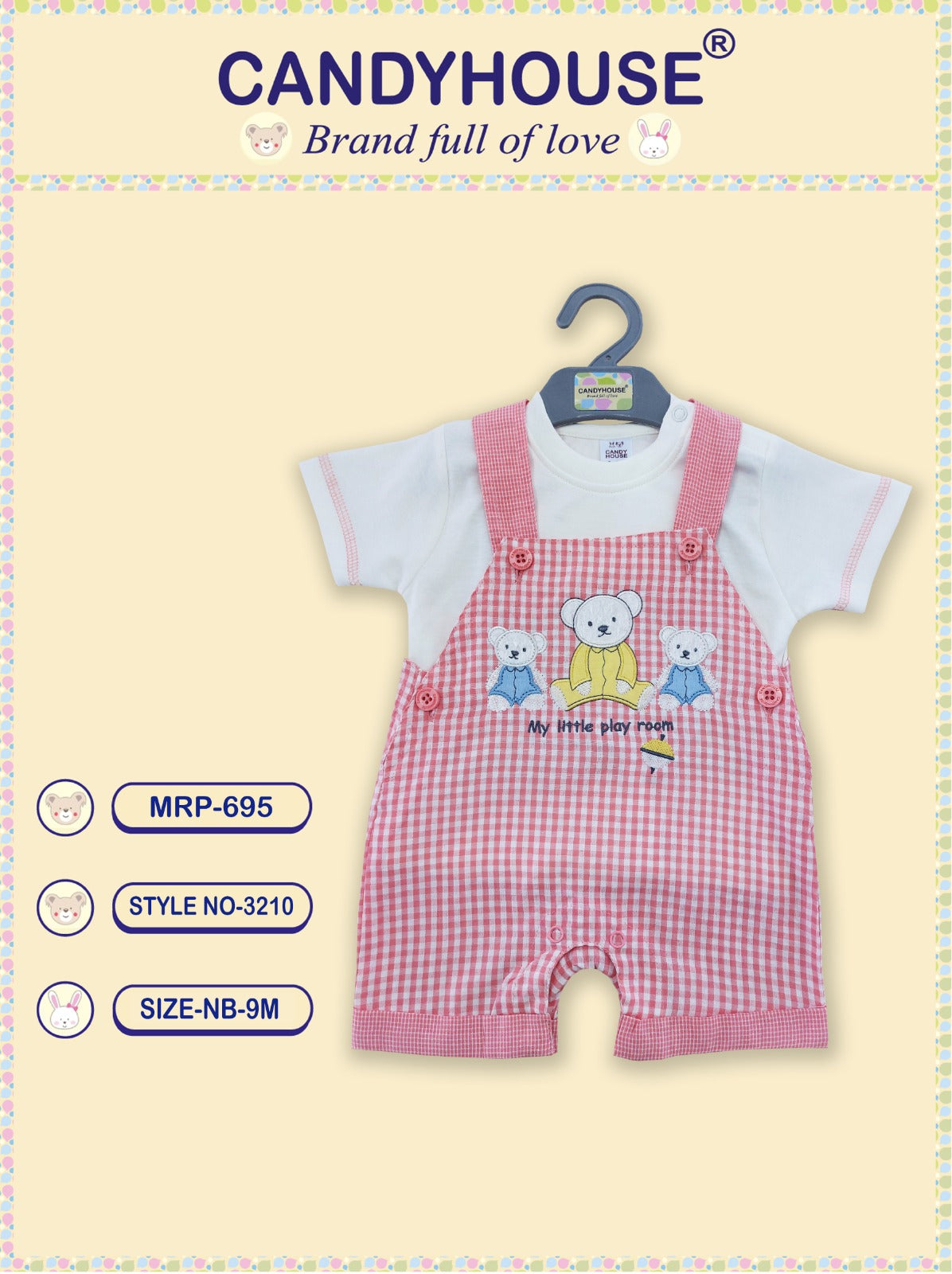 CandyHouse Cotton Woven Dungaree Checked with Applique and Half Sleeves Inner Tee Plain - White/Pink