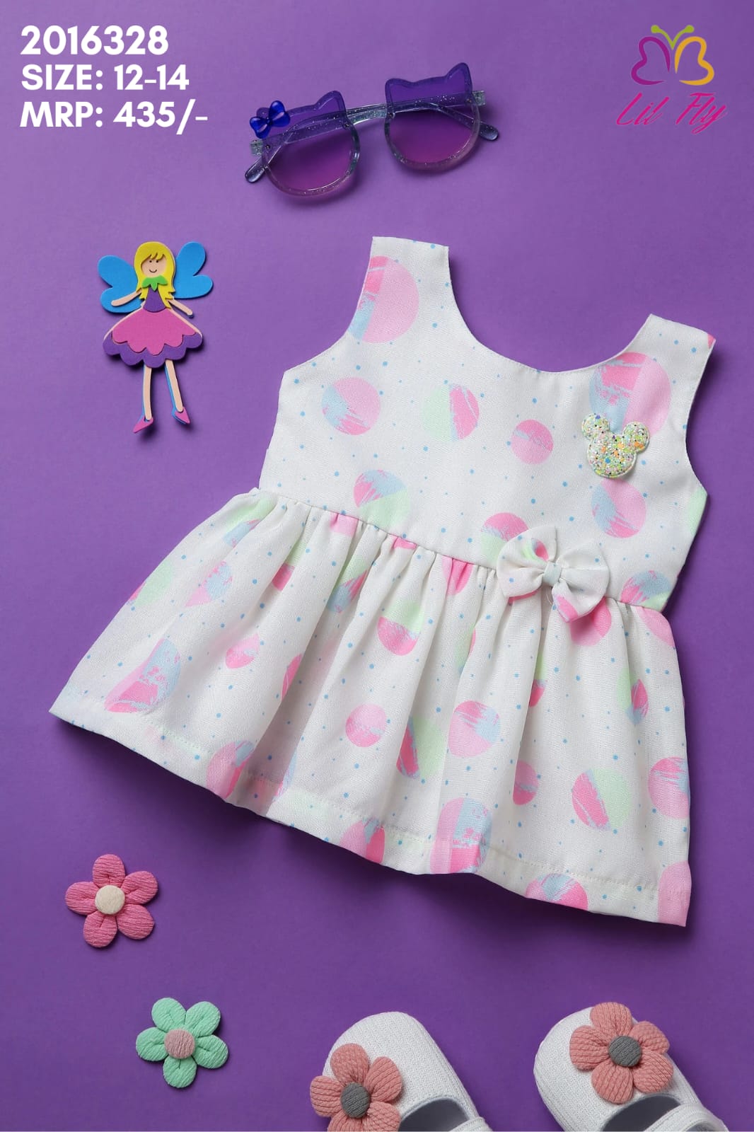 Lil Fly Cotton Print Everyday Frock with dots and bow - Pink & White