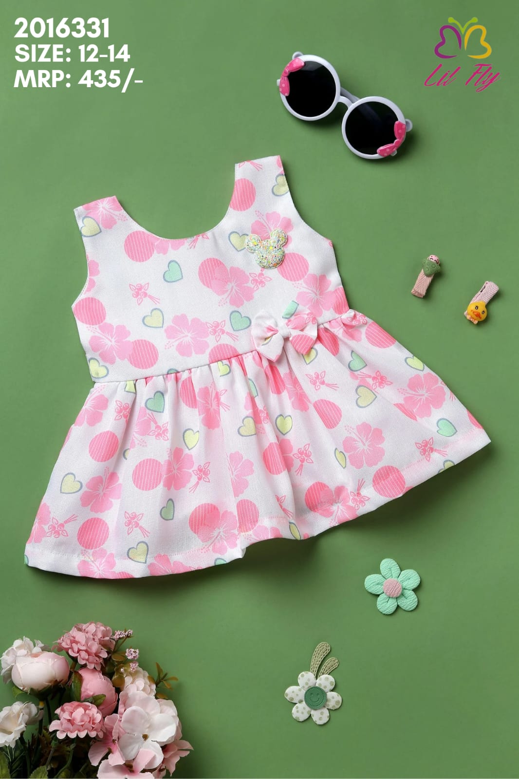 Lil Fly Cotton Print Everyday Frock with dots and bow - Pink & White