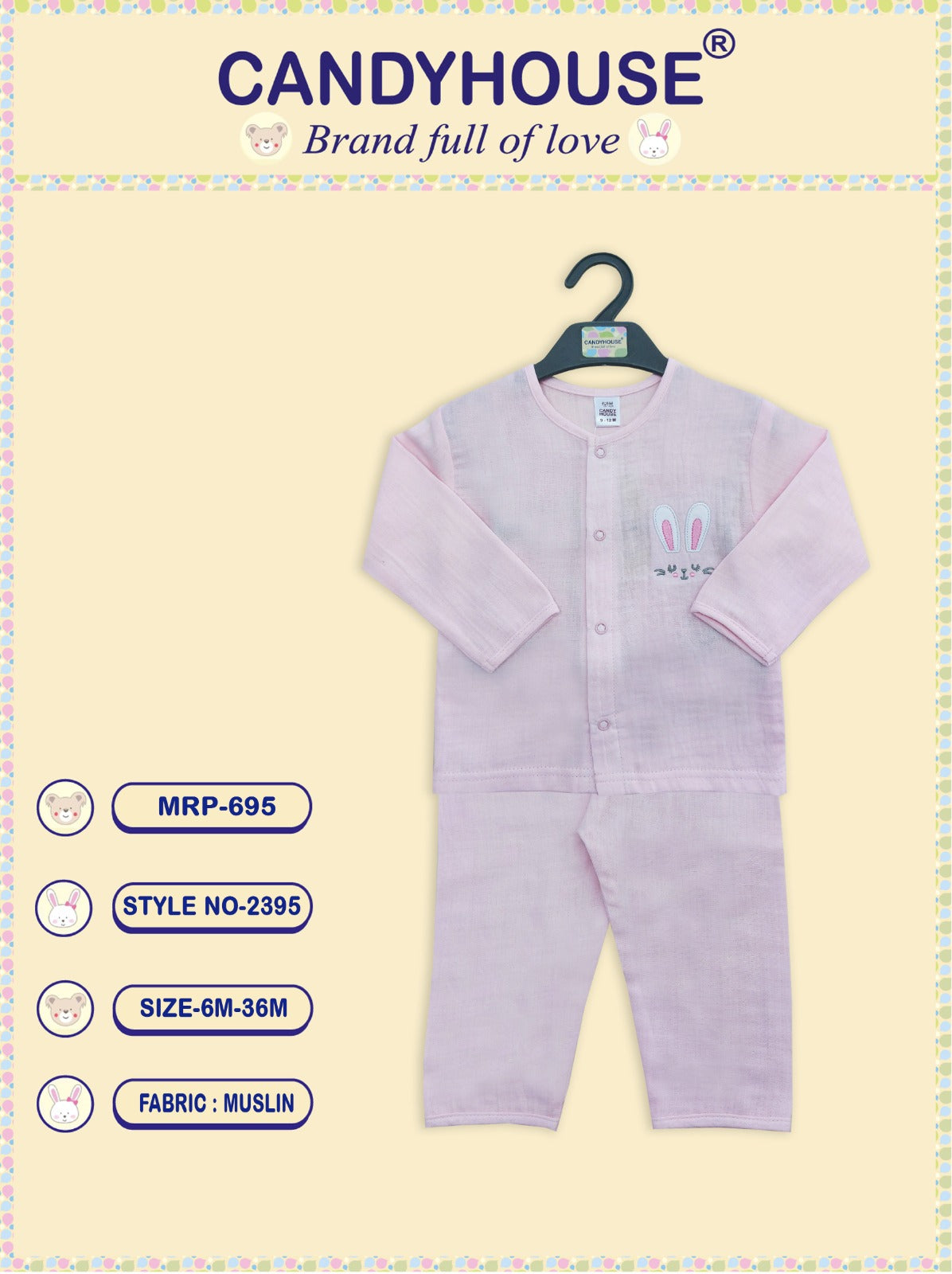 CandyHouse Cotton Muslin Full Sleeves Night Suit with Applique - Pink