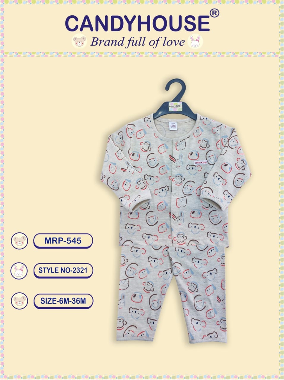 CandyHouse Cotton Knit Full Sleeves Night Suit With Print -Grey