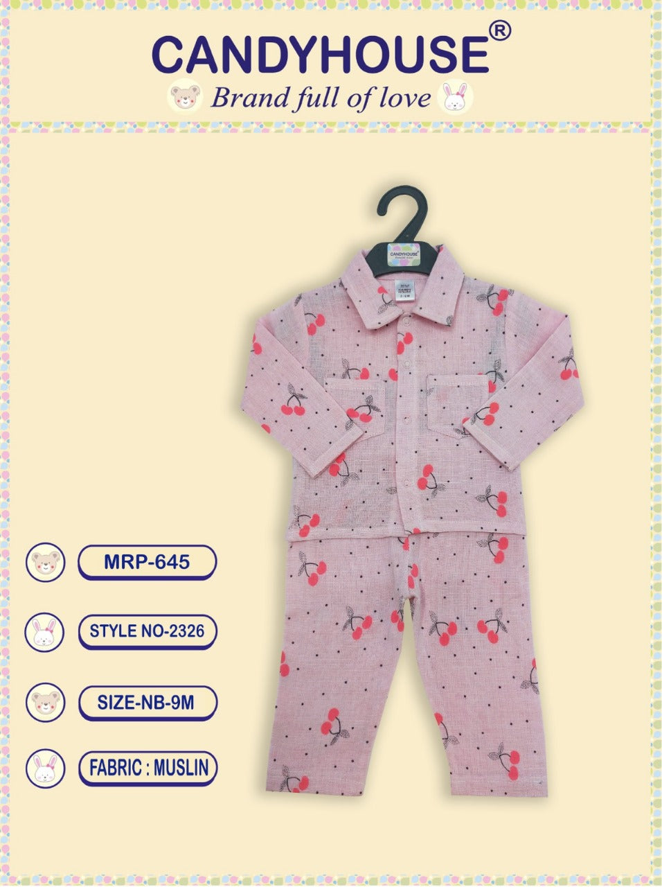 CandyHouse Cotton Muslin Full Sleeves Collor Night Suit with all over print - Pink
