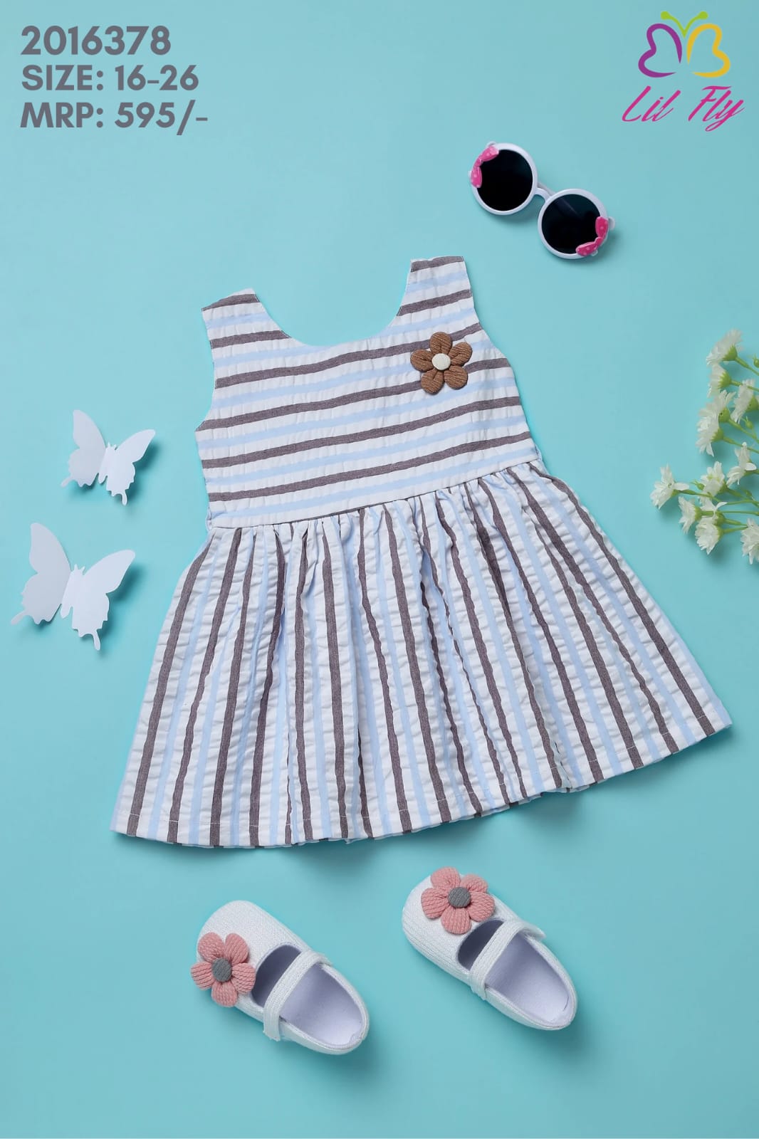 Lil Fly Cotton Woven Sleeveless Frock Striped With Flower - Blue