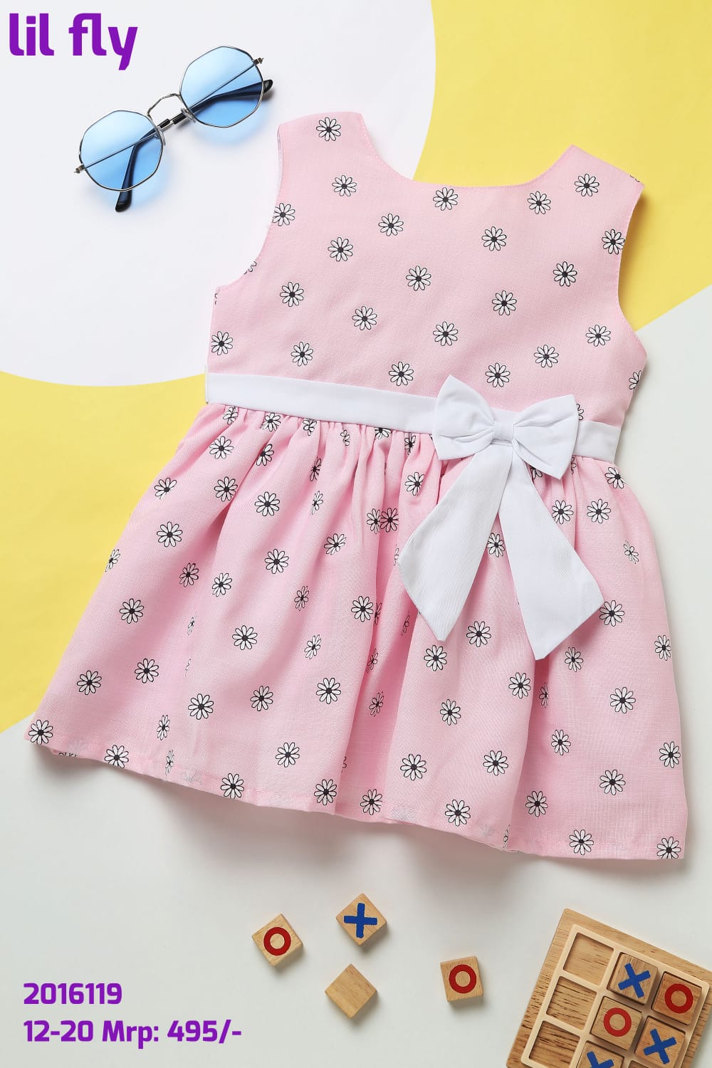 Lil Fly Cotton Linen Sleeveless Frock With Flowers and Bow/Tie Attached - Pink